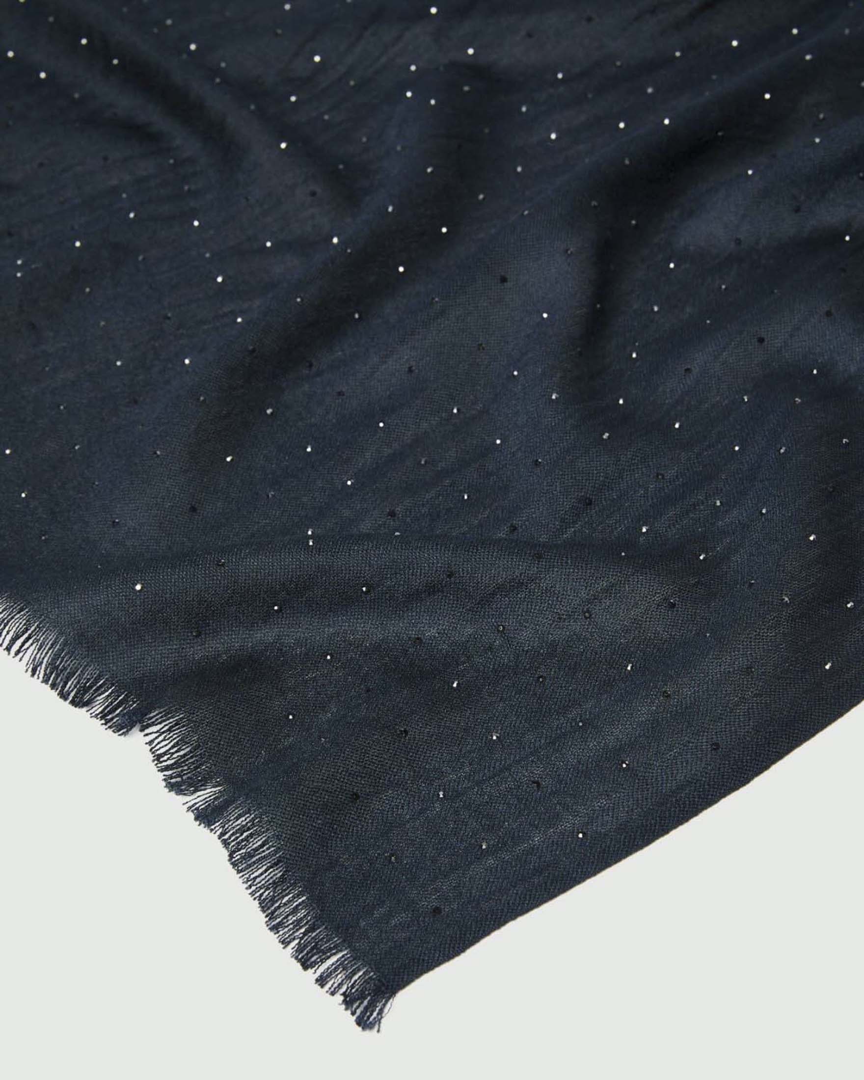 Stola Marella blu in modal e lana con micro cristalli applicati e frange sui bordi image