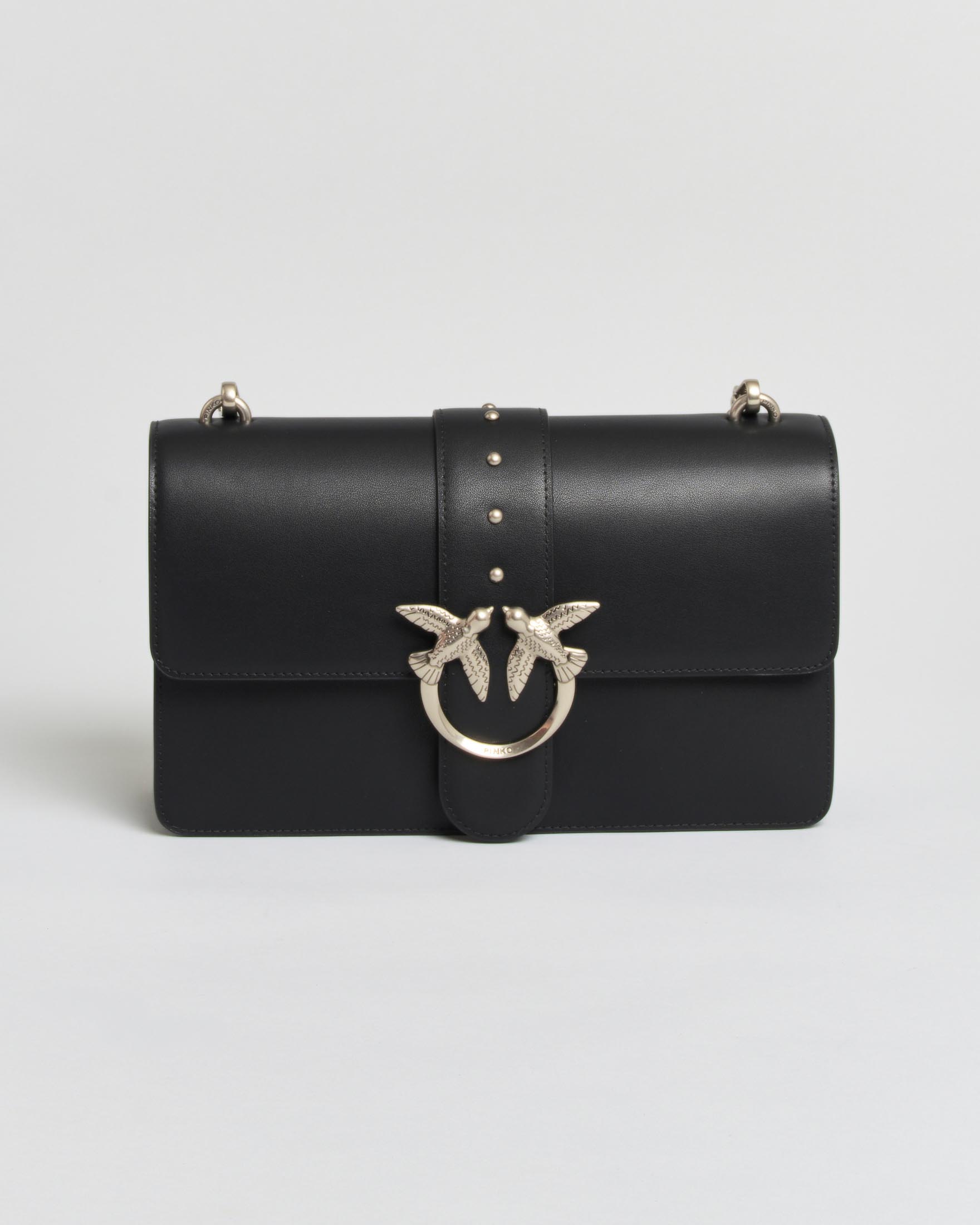 Borsa a tracolla Love One Classic Pinko nera in pelle liscia con tracolla e placca logo argentate