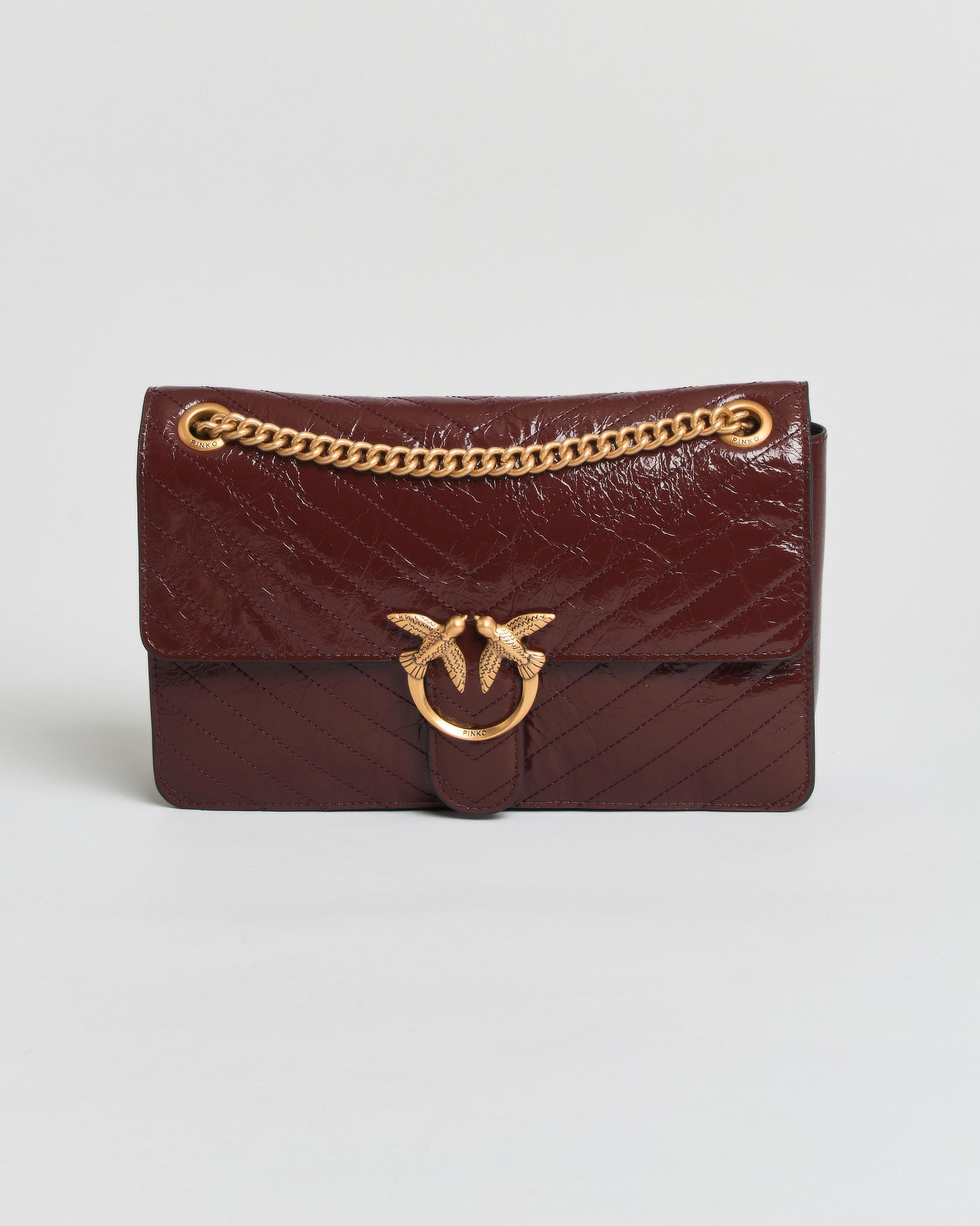 Borsa a tracolla regolabile Classic Love Pinko bordeaux in pelle chevron con logo Love Birds dorato