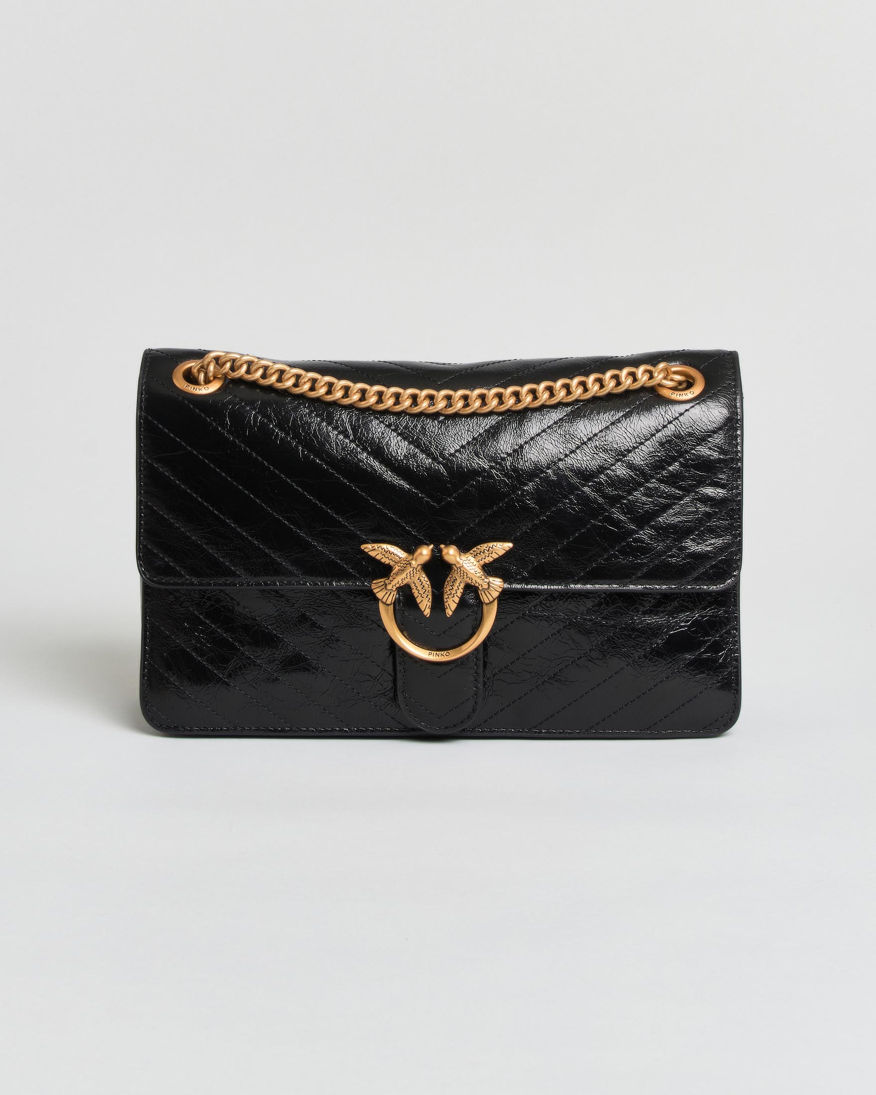 Borsa a tracolla regolabile Classic Love Pinko nera in pelle chevron con logo Love Birds dorato