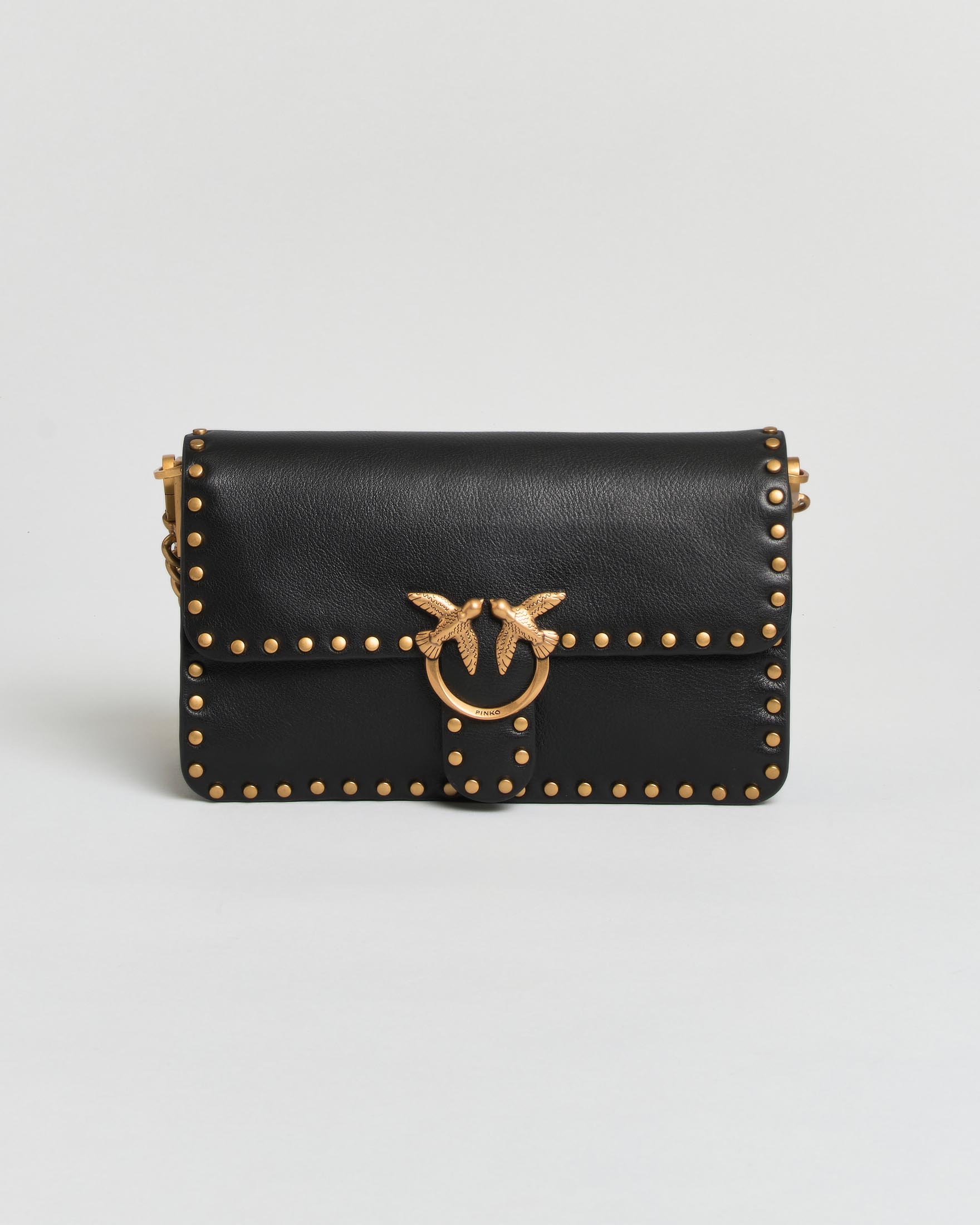 Borsa a tracolla Baby Love Bag One Slouchy Pinko nera in pelle con borchie e logo dorati