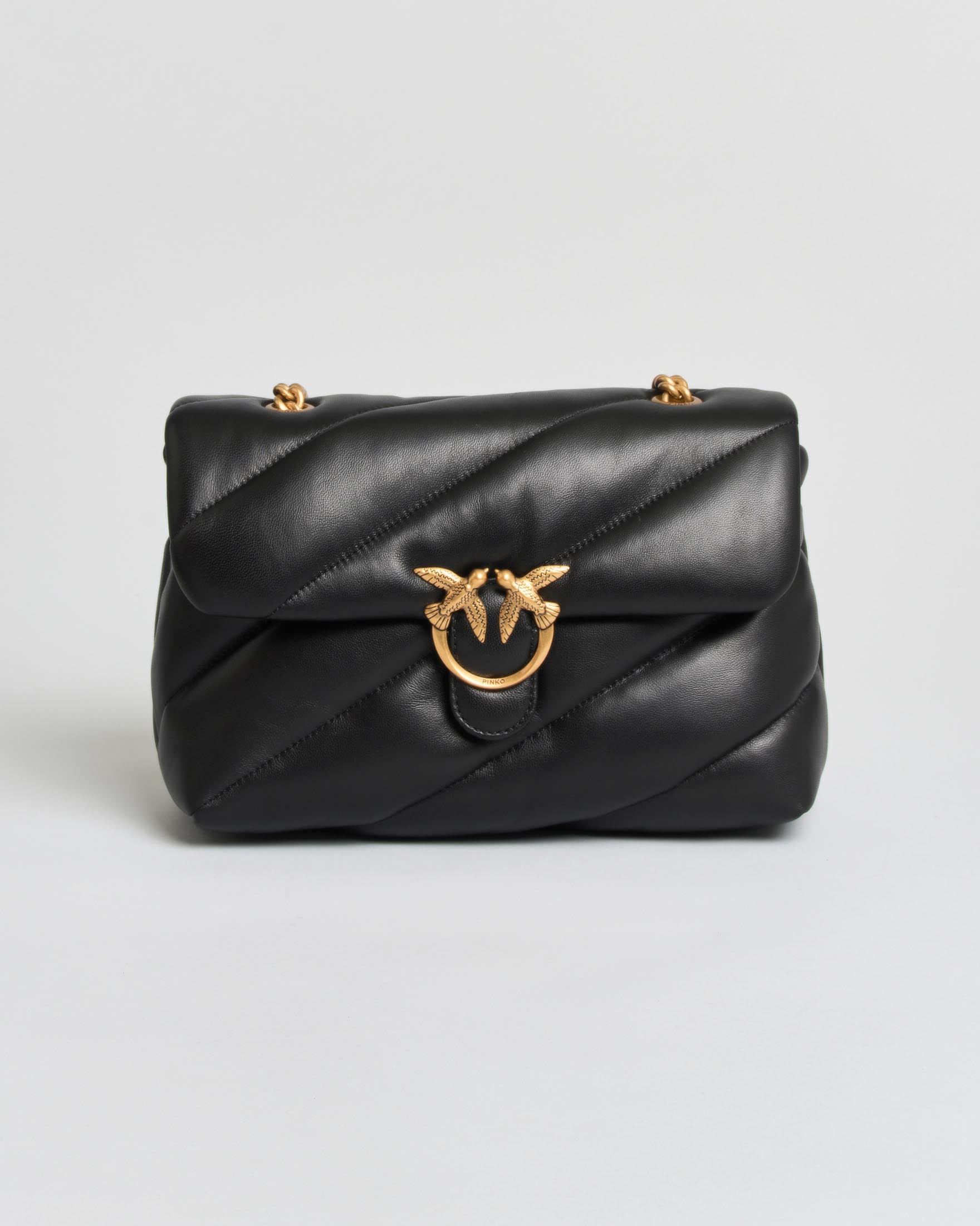 Borsa piccola a tracolla Love Bag Puff Maxi Quilt Pinko nera in pelle trapuntata con catena e logo oro
