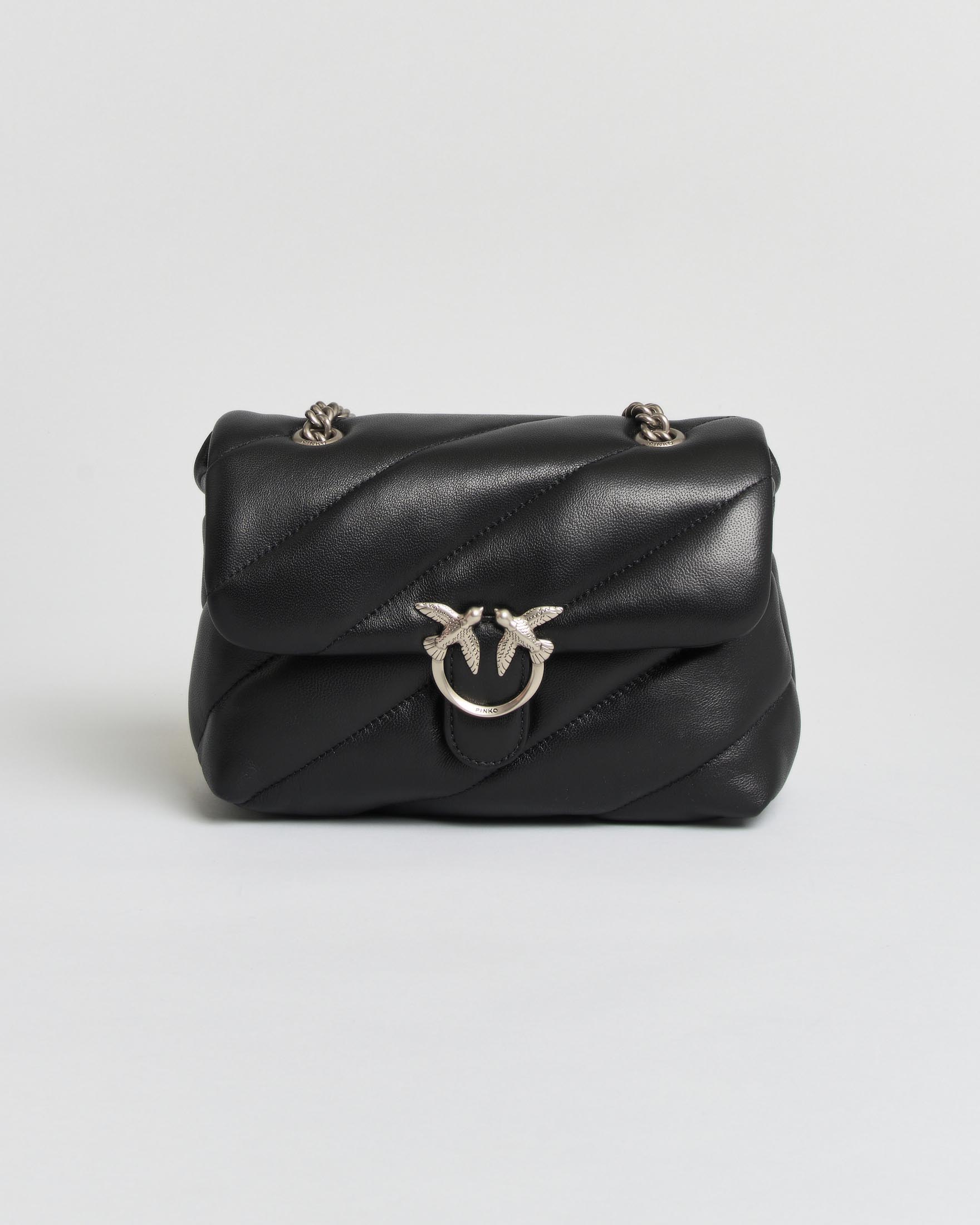 Borsa a tracolla Mini Love Bag Puff Pinko nera in nappa trapuntata con catena e logo argento