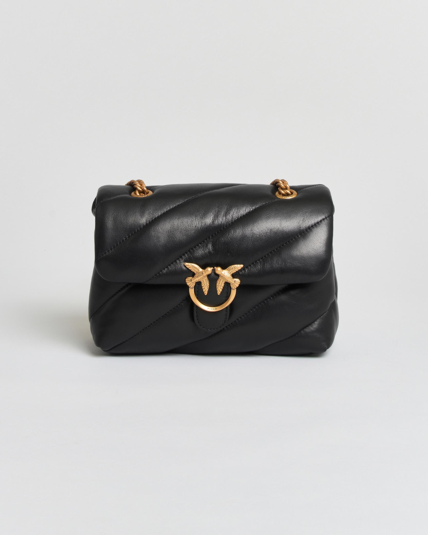 Borsa a tracolla Mini Love Bag Puff Pinko nera in nappa trapuntata con catena e logo oro