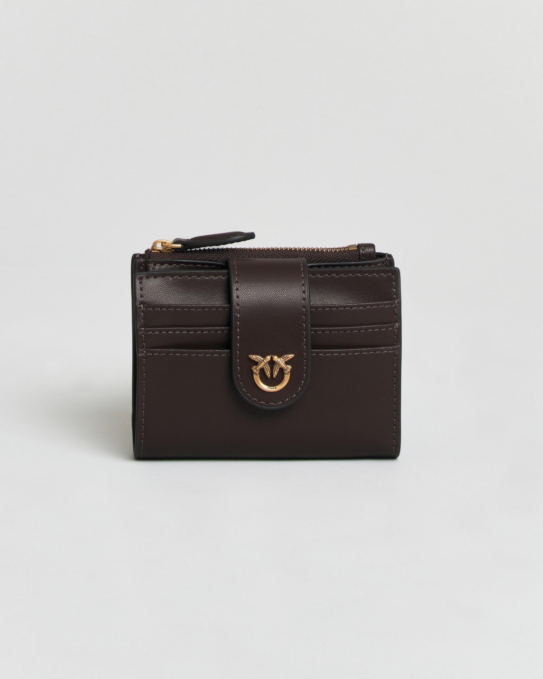 Portafoglio piccolo Pinko color moro in pelle liscia con zip portamonete e logo Love Birds dorato