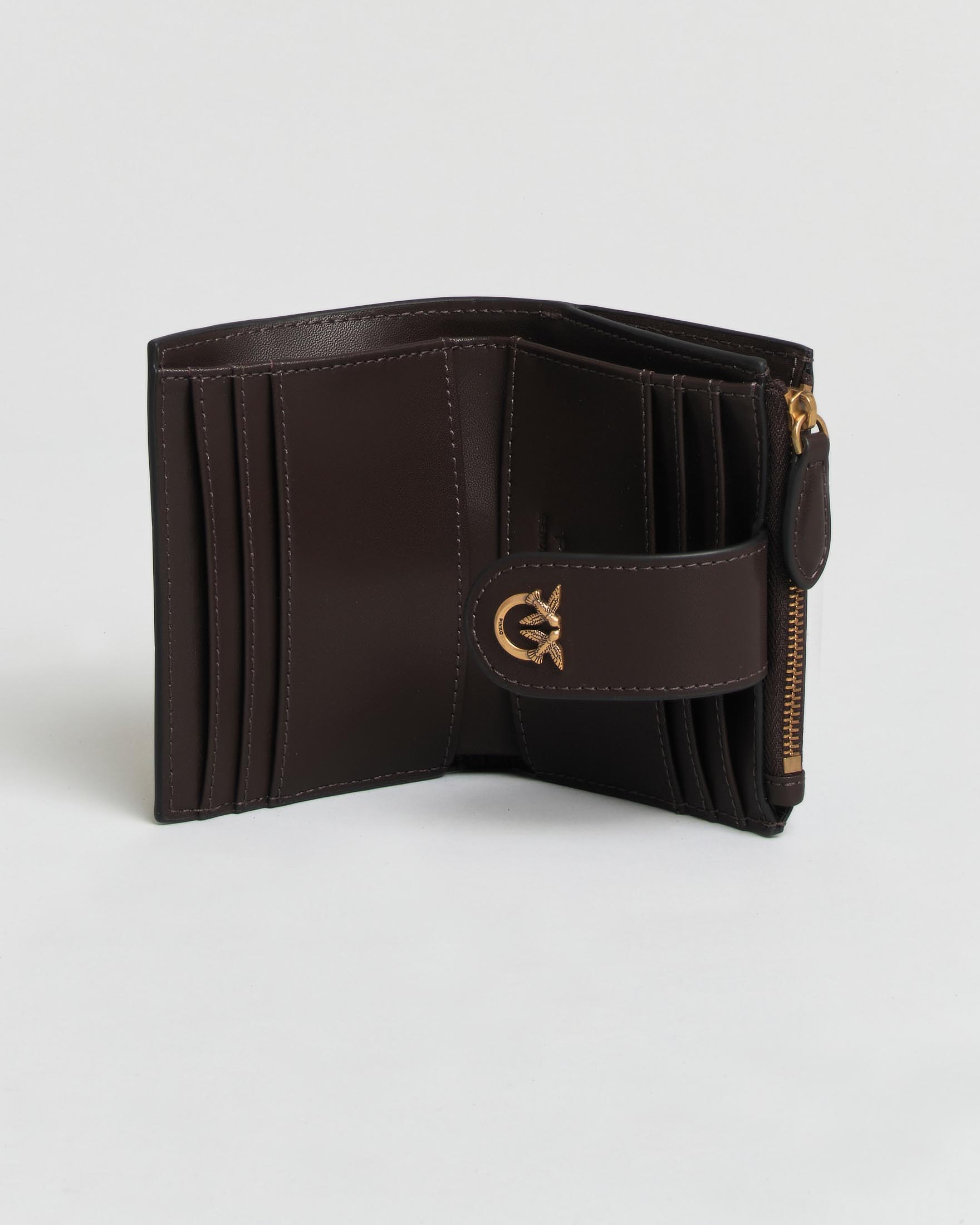 Portafoglio piccolo Pinko color moro in pelle liscia con zip portamonete e logo Love Birds dorato image