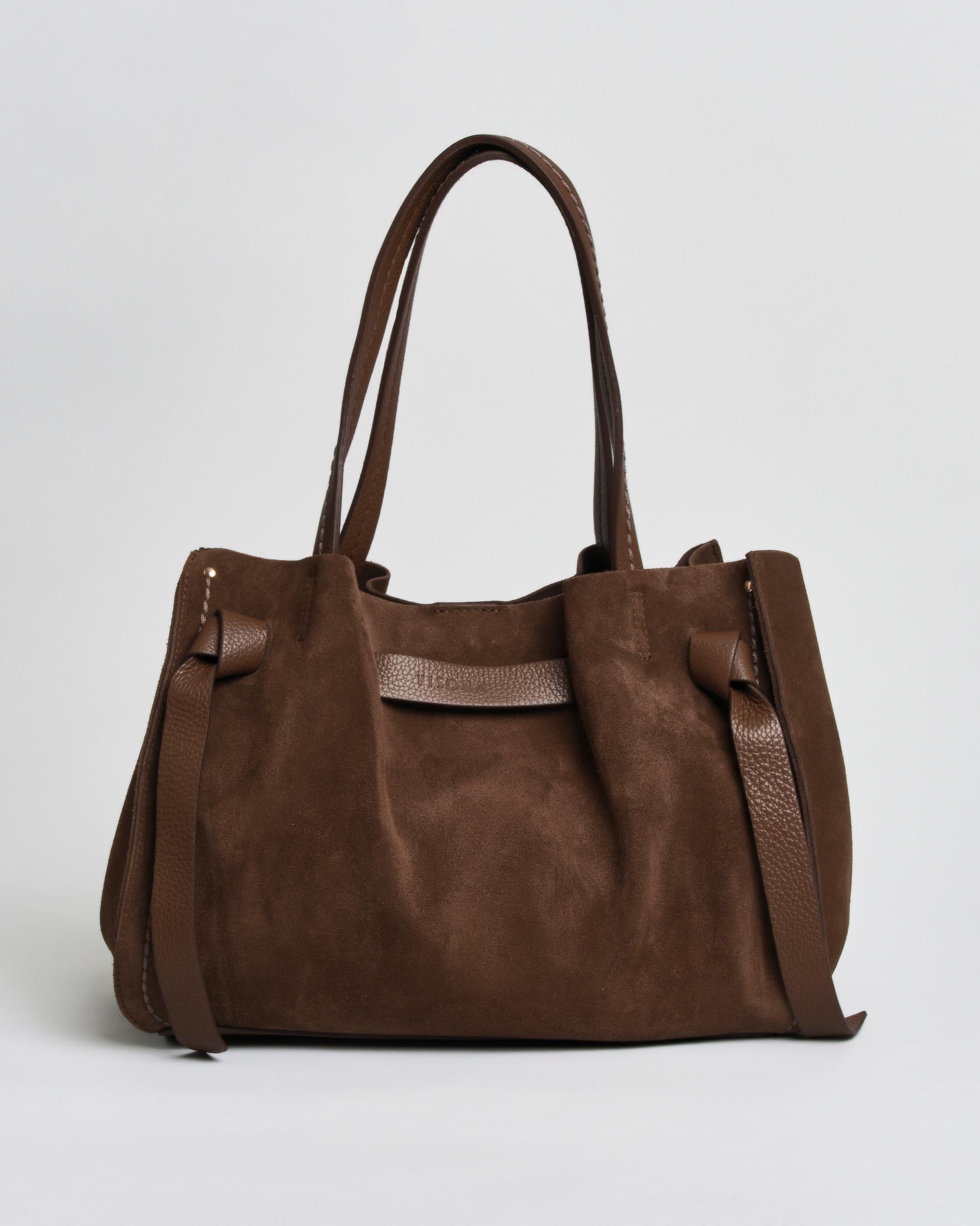 Borsa a spalla grande Vittoria Visonà marrone in pelle scamosciata con fiocchetti regolabili
