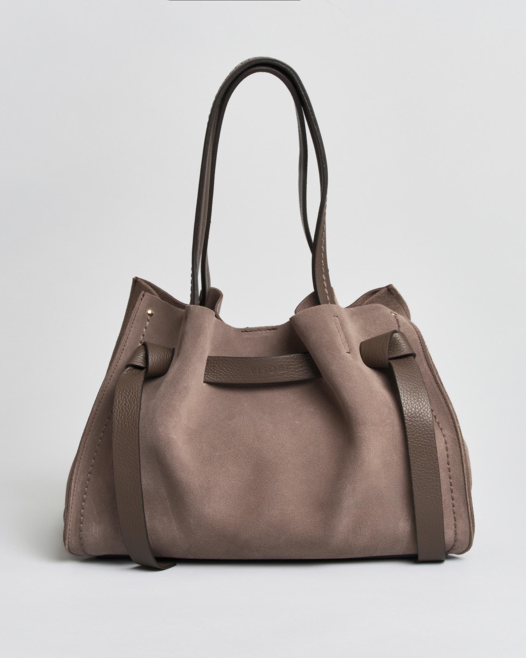 Borsa a spalla grande Vittoria Visonà color tortora in pelle scamosciata con fiocchetti regolabili