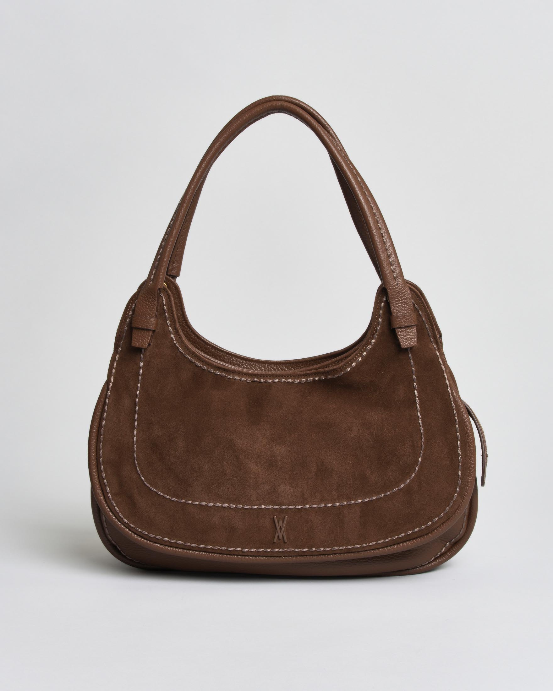 Borsa hobo Luna Visonà marrone bimateriale in suede e pelle martellata con tasca esterna