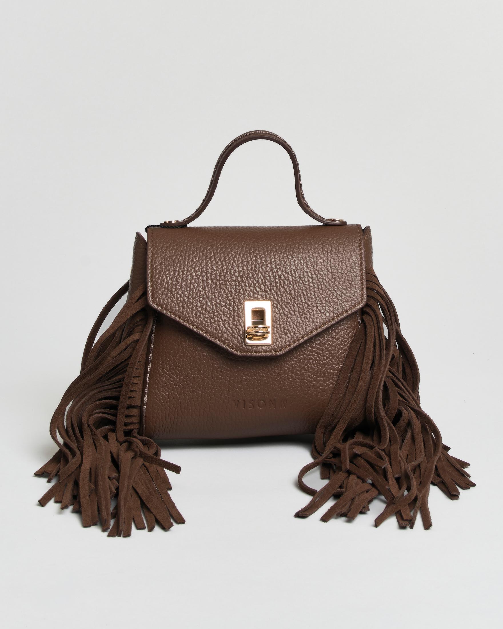 Mini Bag Visonà marrone in pelle martellata con frange e tracolla removibile