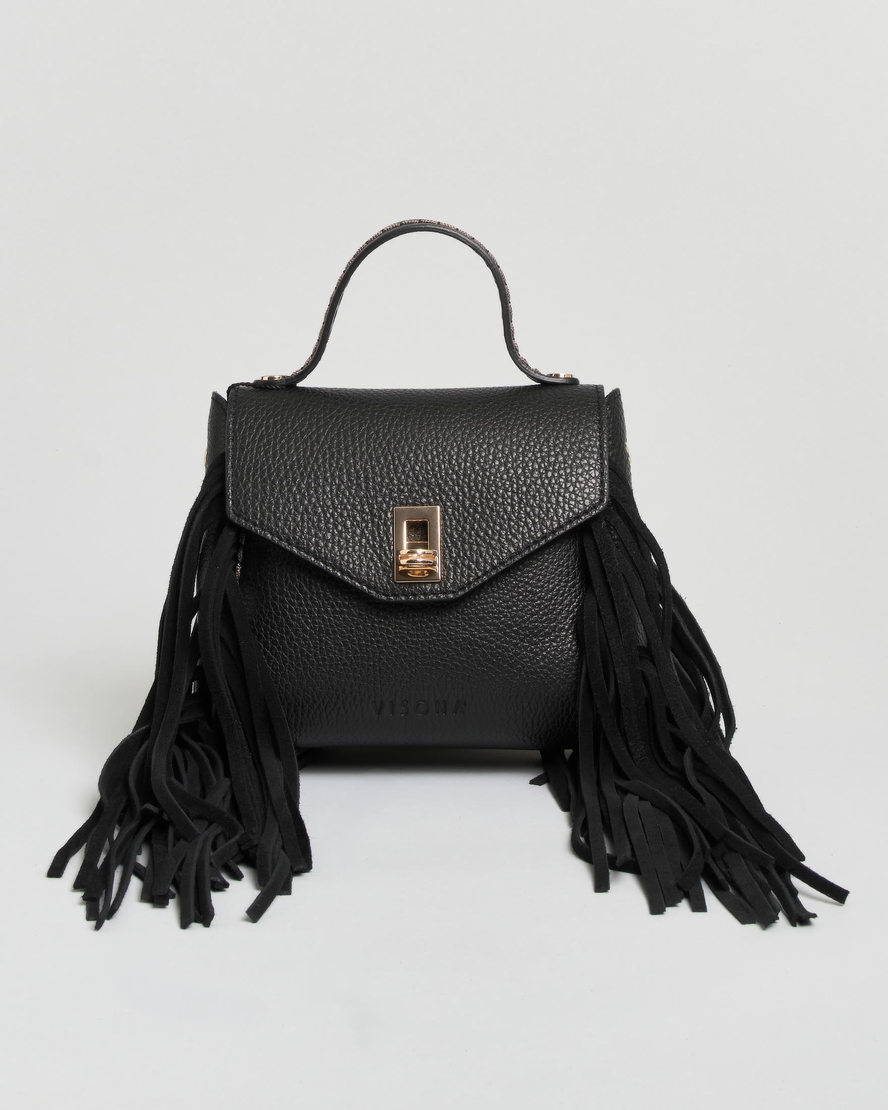 Mini Bag Visonà nera in pelle martellata con frange e tracolla removibile