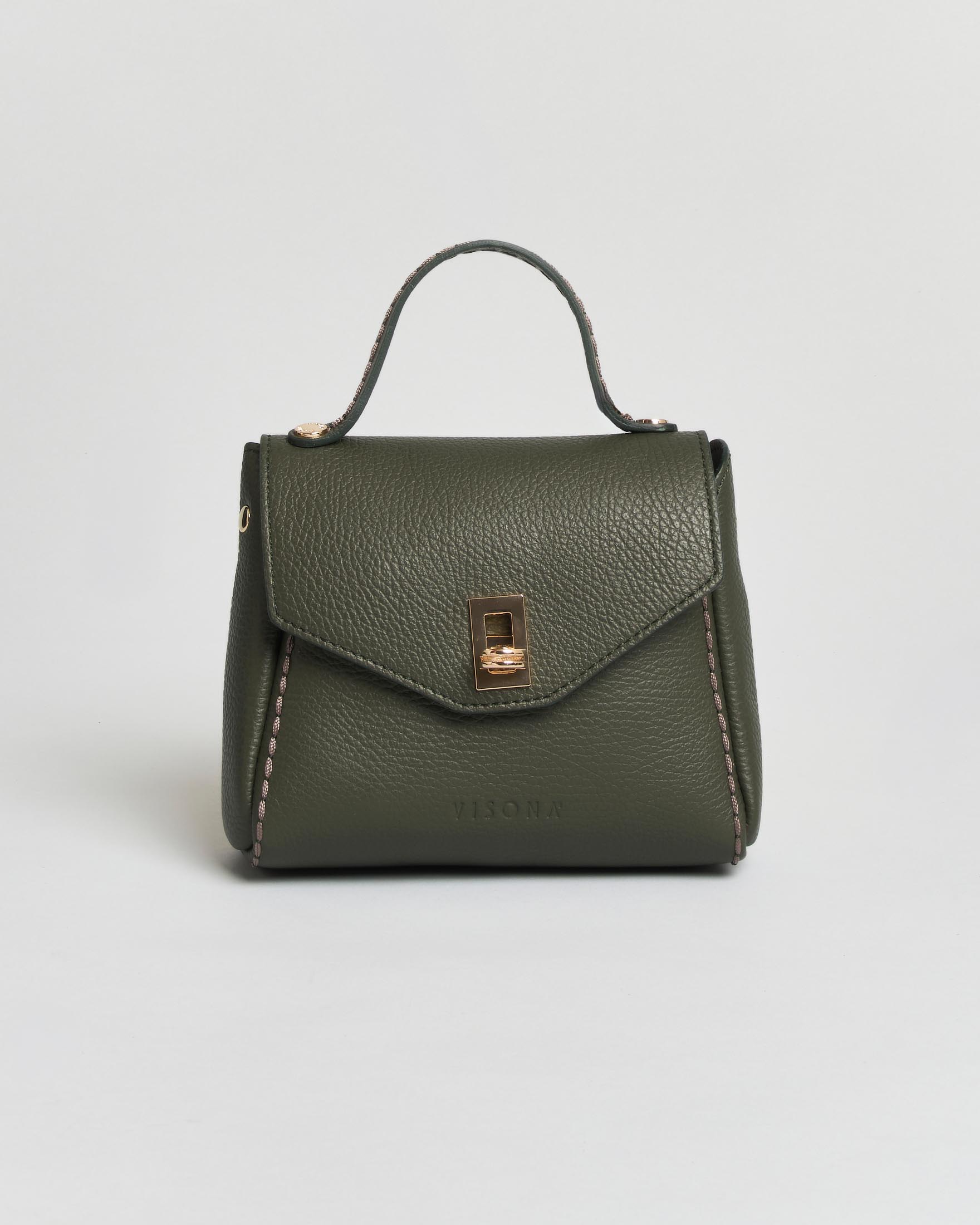 Mini bag Visonà verde militare in pelle martellata con impunture e patta con chiusura a girello