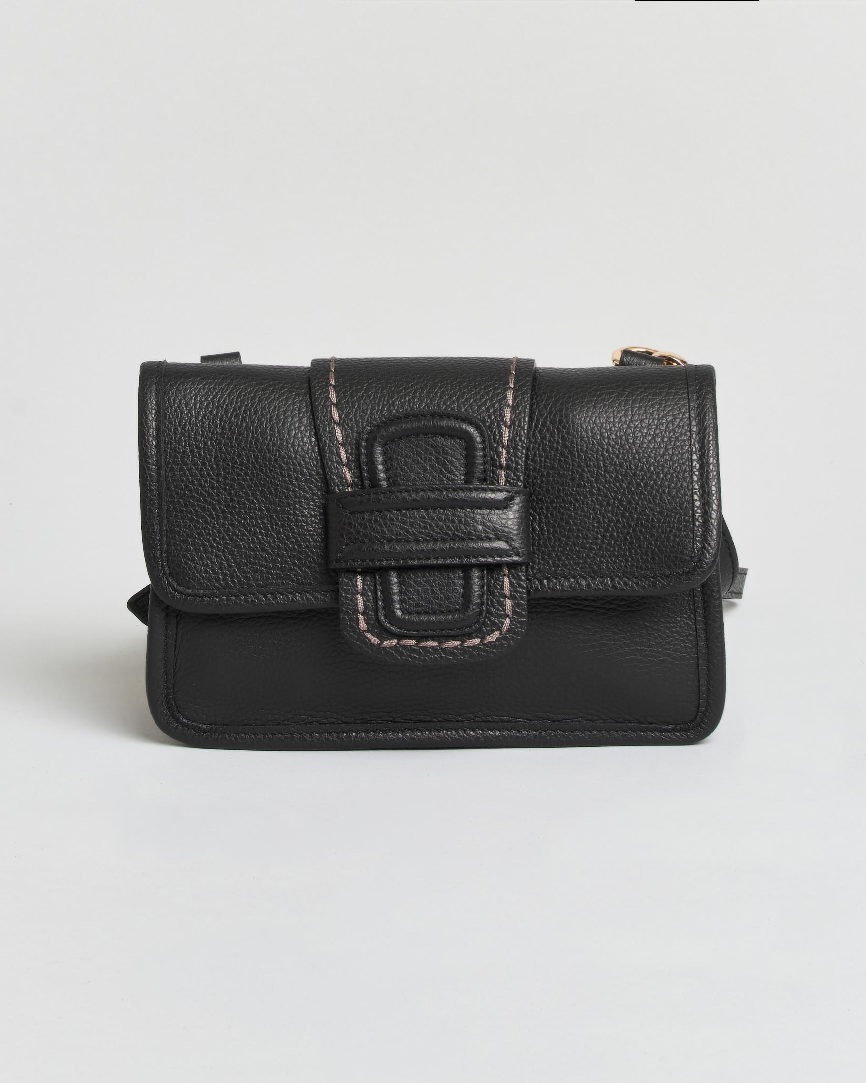 Borsa a tracolla piccola Linda Visonà nera in pelle martellata con impunture a contrasto