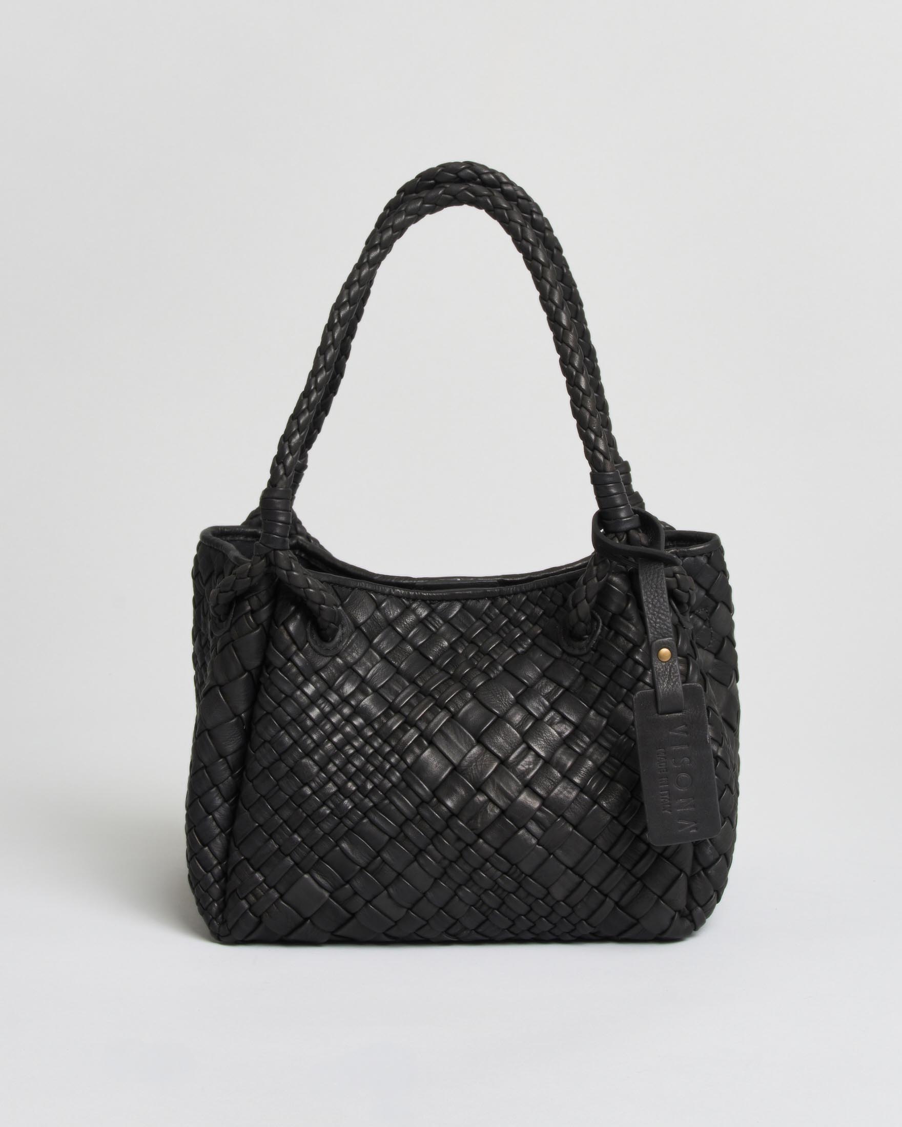 Borsa piccola Esmeralda Visonà nera in pelle morbida intrecciata con tracolla e chiusura magnetica