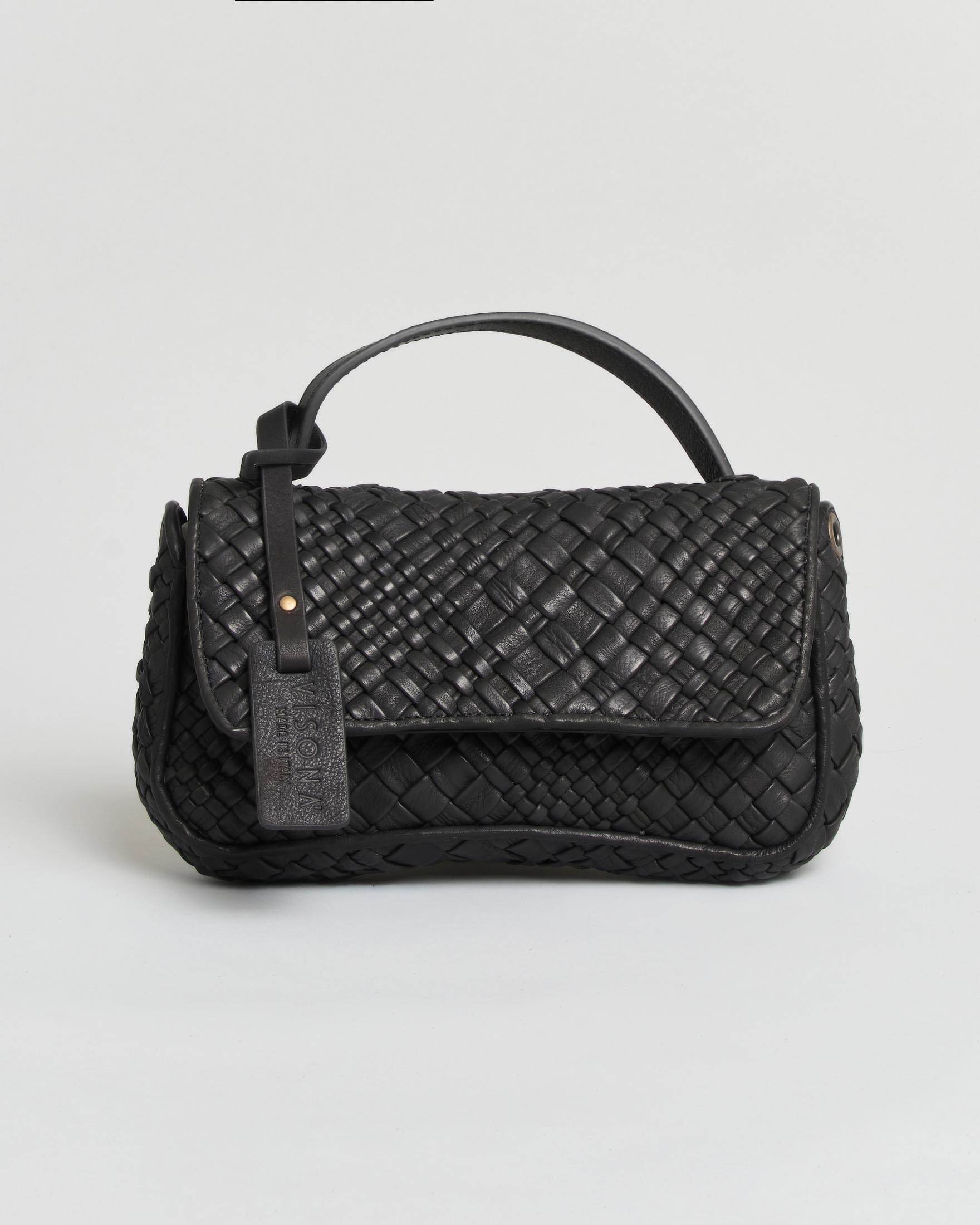 Borsa piccola baguette Esmeralda Visonà nera in pelle intrecciata con chiusura a patta e tracolla