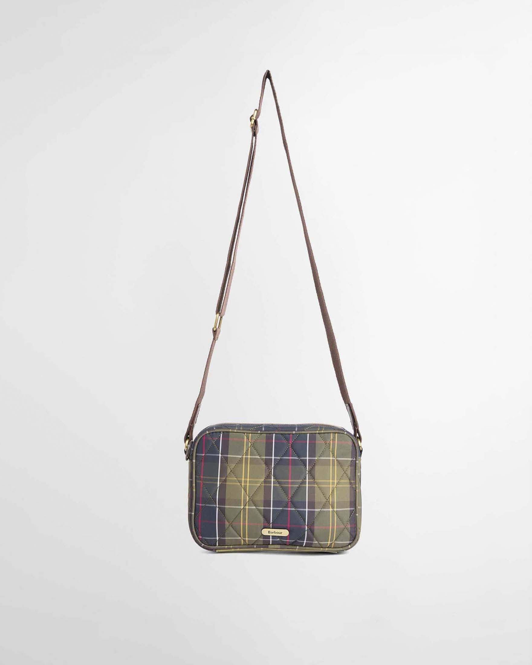 Borsa a tracolla trapuntata Barbour in tessuto tartan verde con chiusura zip e tasca esterna