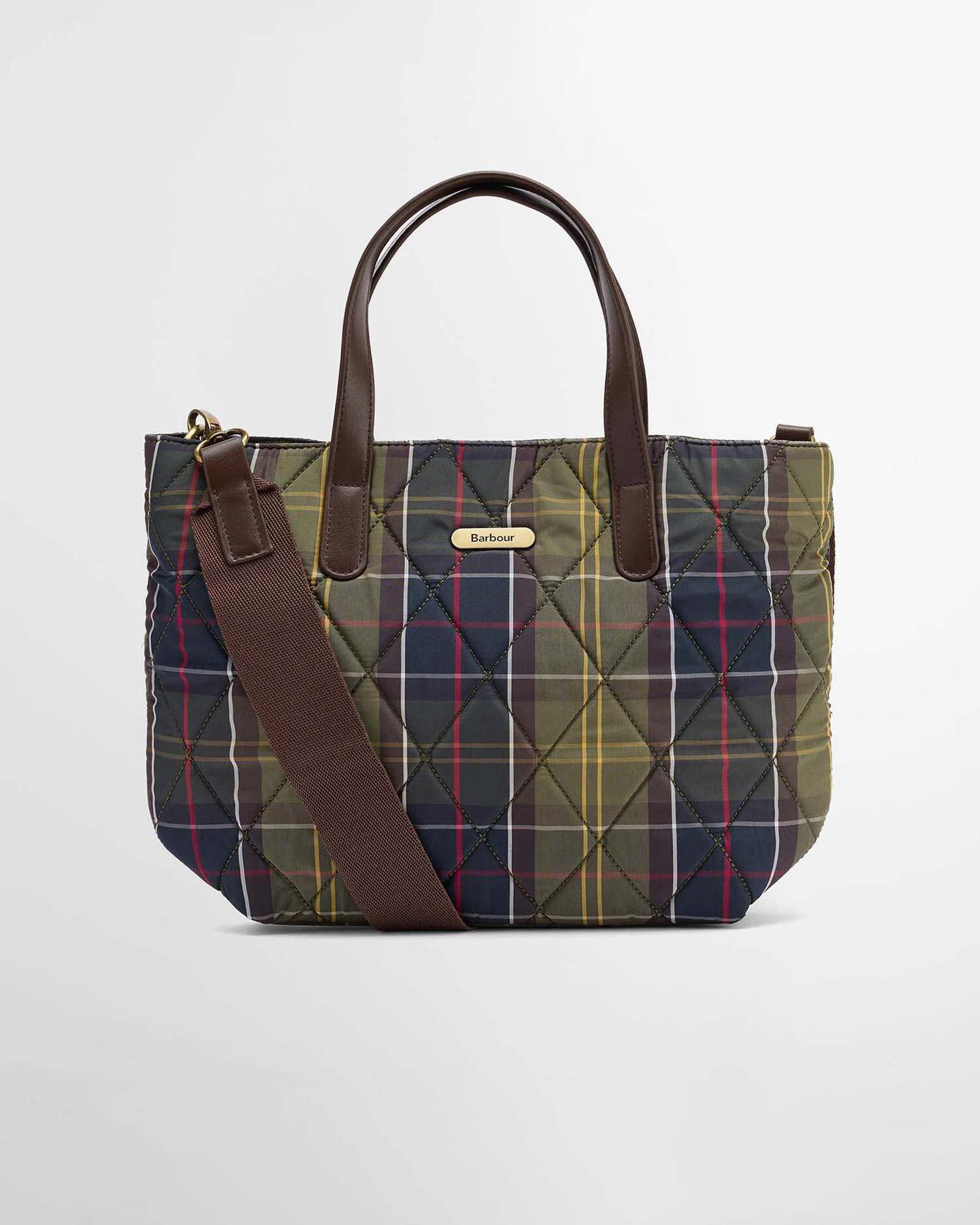 Mini tote bag trapuntata Barbour in tessuto tartan verde con chiusura zip e tracolla removibile