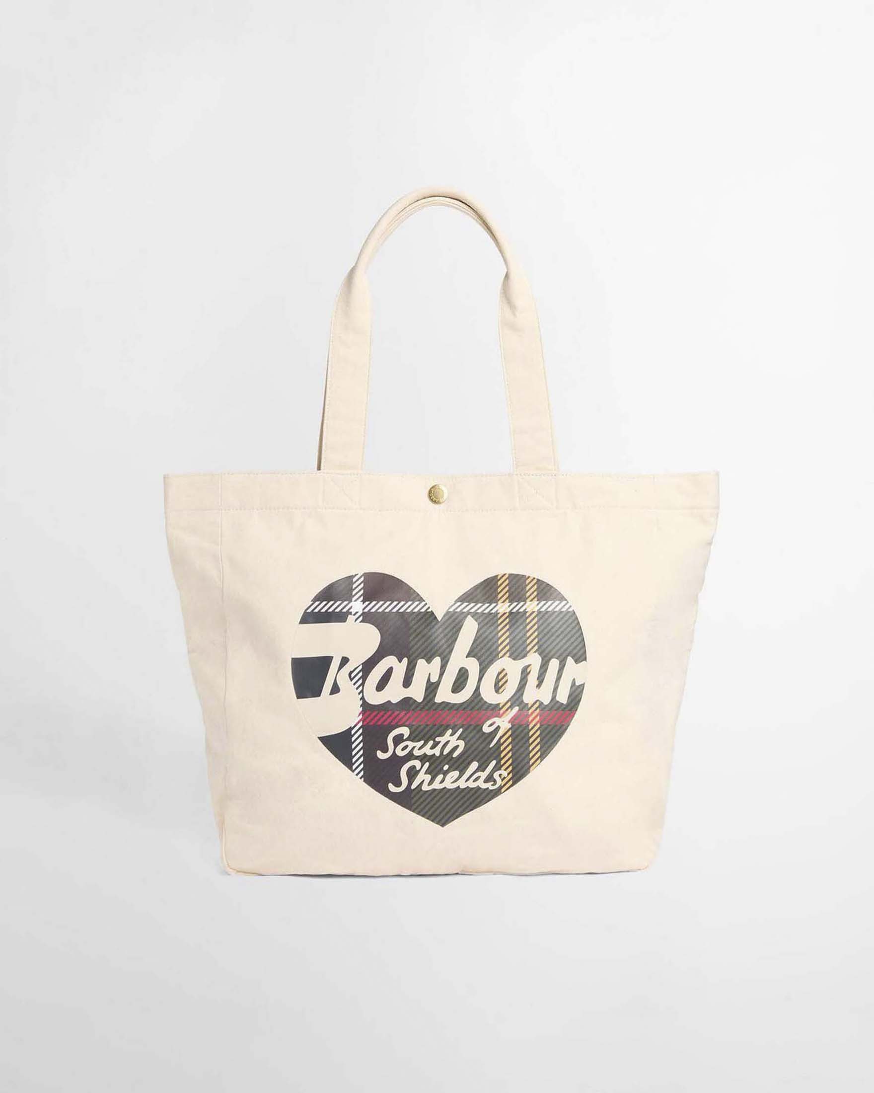 Borsa tote Heart Barbour écru in cotone con stampa cuore tartan e scritta logo