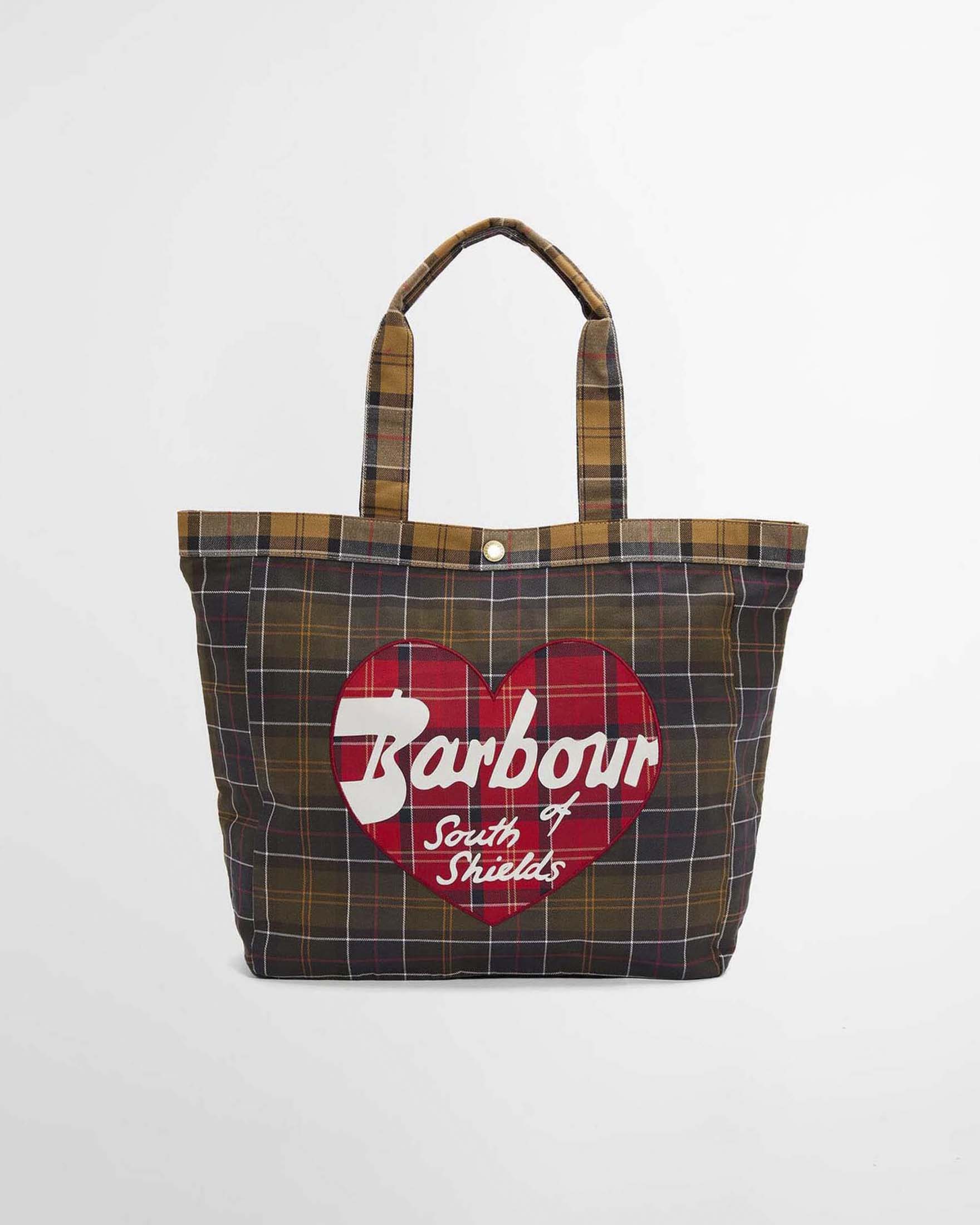 Borsa tote Heart Barbour verde in cotone tartan con stampa cuore rossa e scritta logo