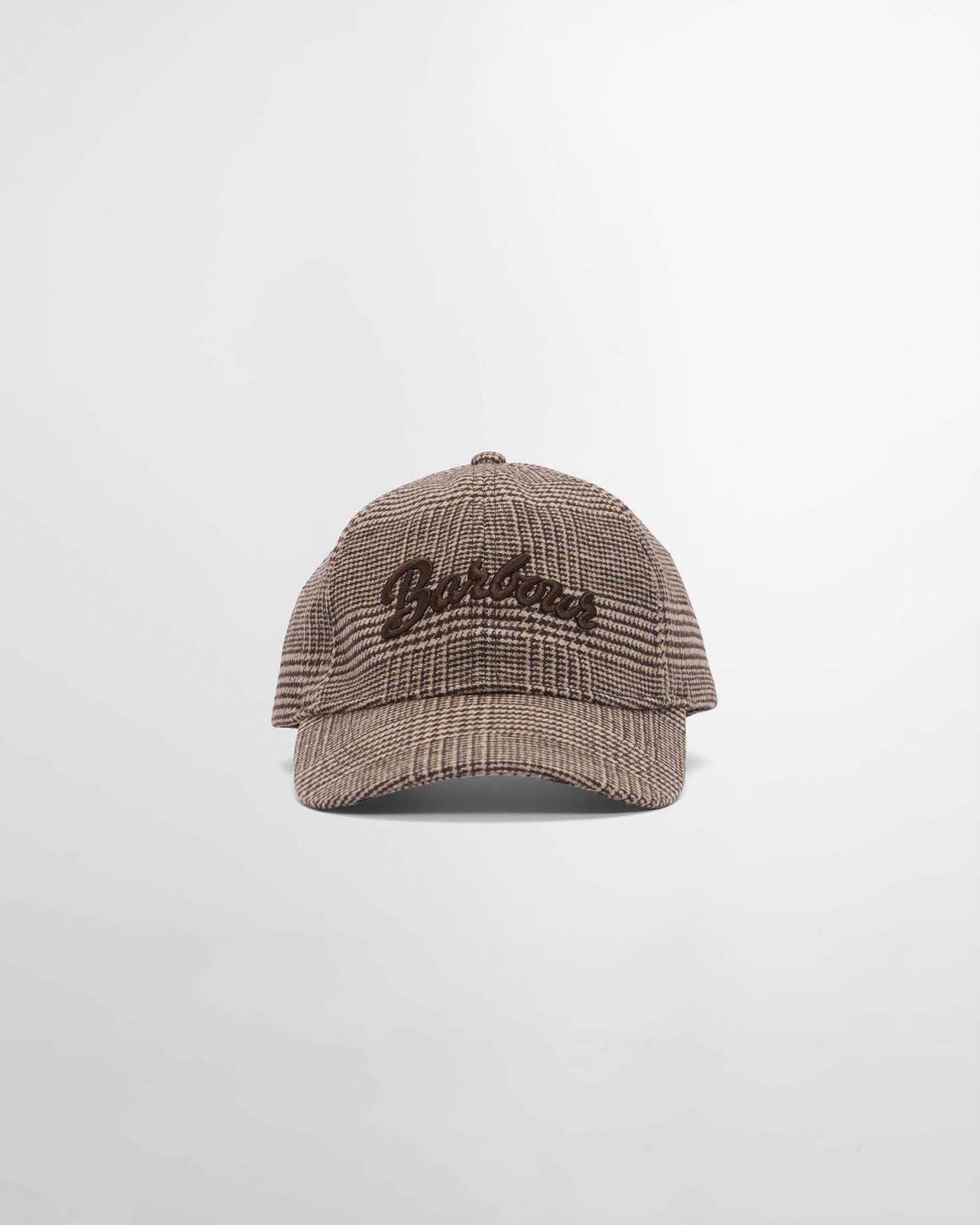Cappellino baseball Kirklees Barbour marrone in tessuto Principe di Galles con logo ricamato
