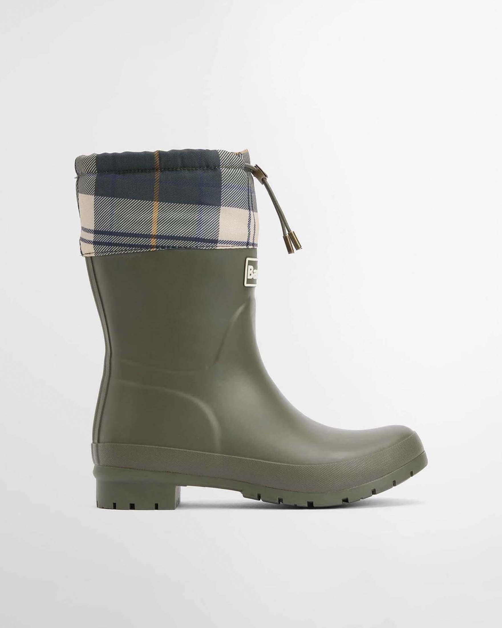 Stivali Wellington Mowbray Barbour verdi in gomma con risvolto in tessuto tartan e cinturino regolabile