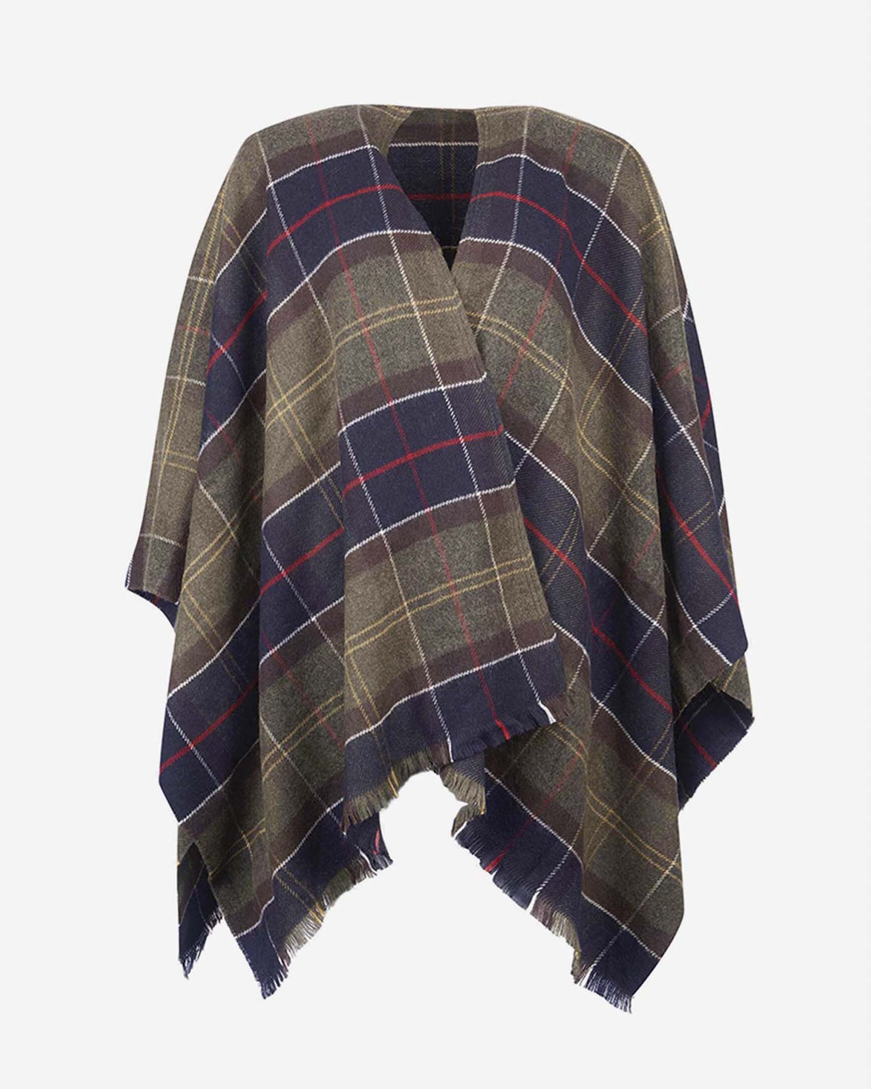 Scialle Staffin Serape Barbour verde in tessuto tartan con frange