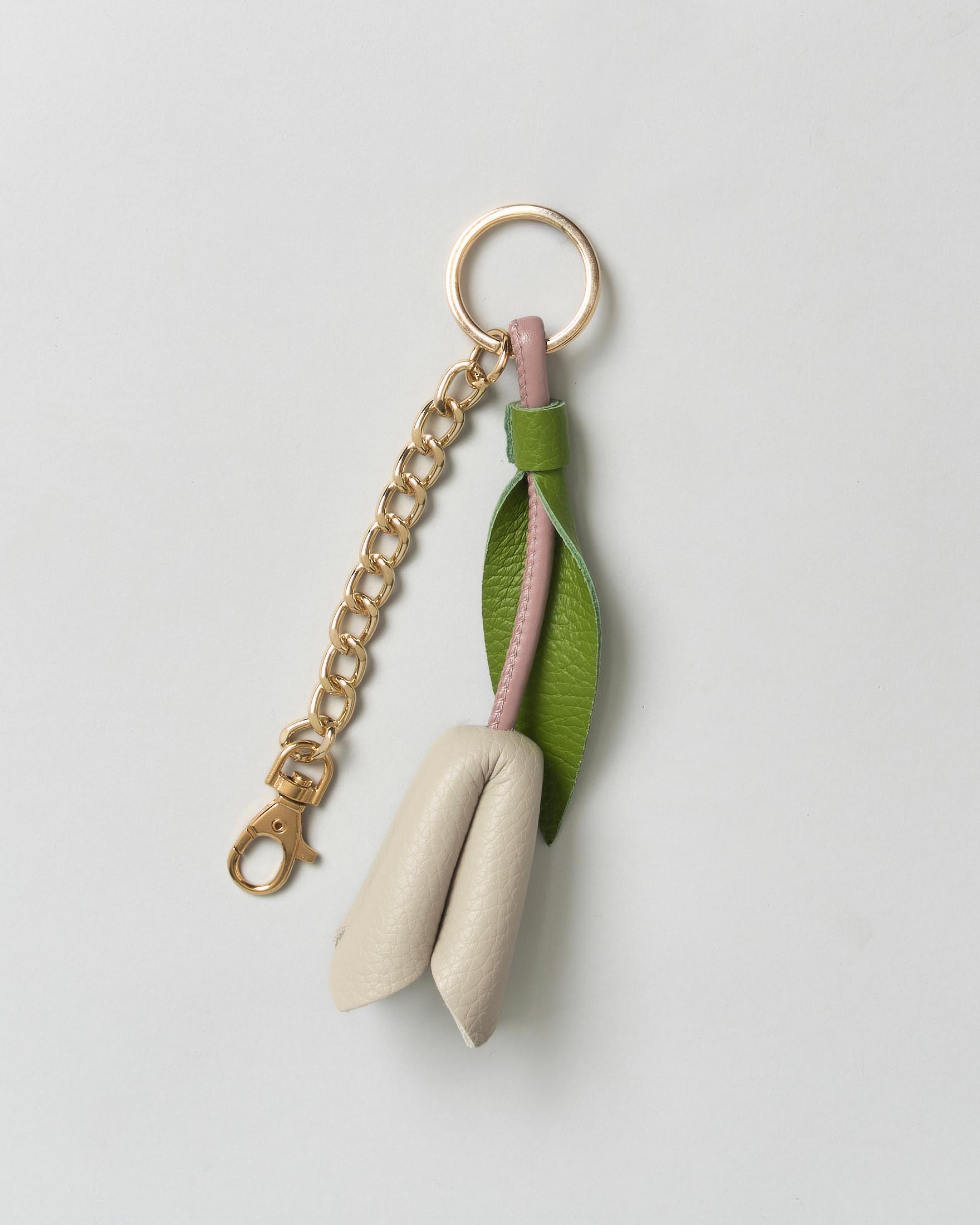 Portachiavi charm Visonà in vera pelle a forma di tulipano color gesso con hardware dorato