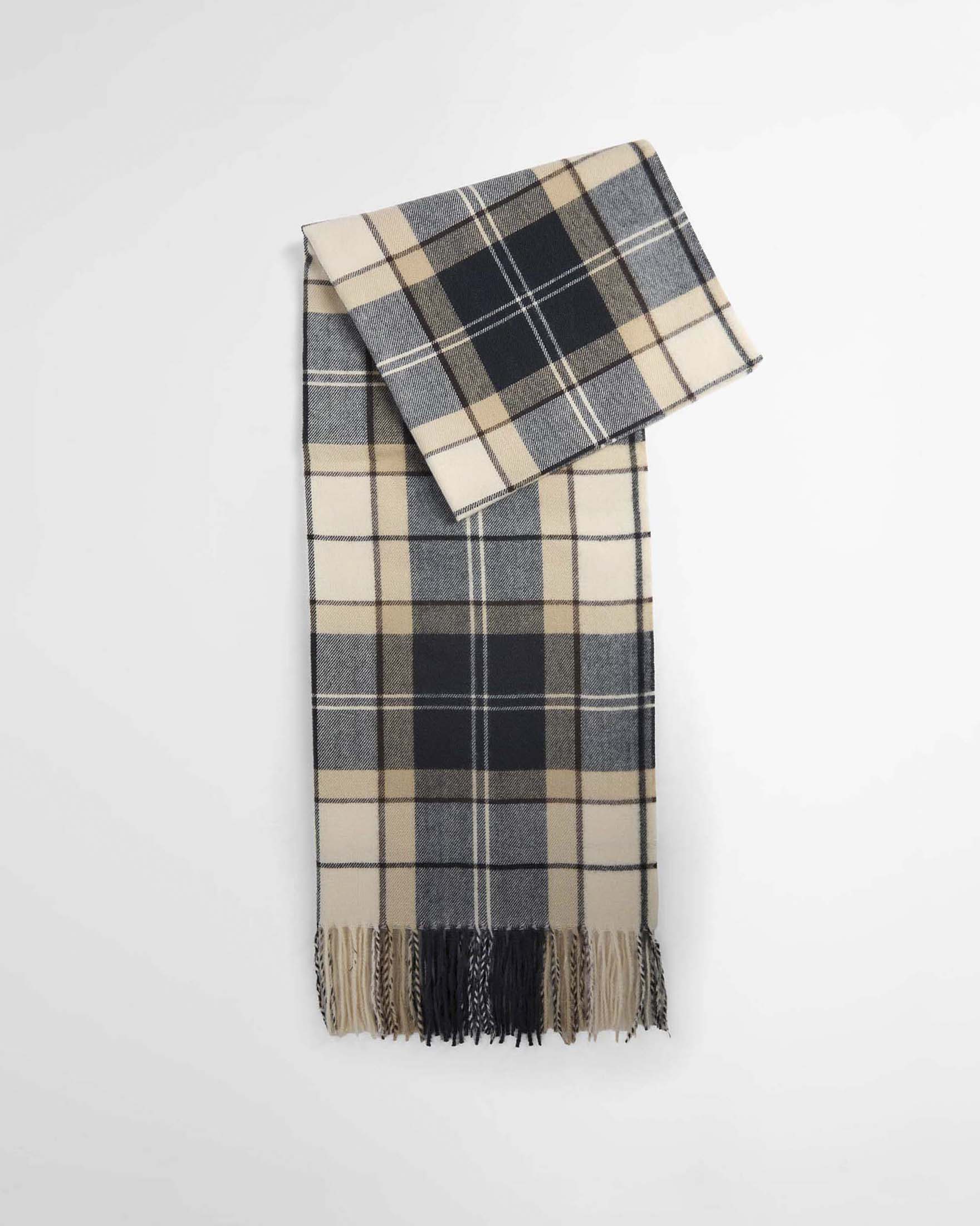 Mantella Stanway Barbour in morbido tessuto tartan blu e beige con frange