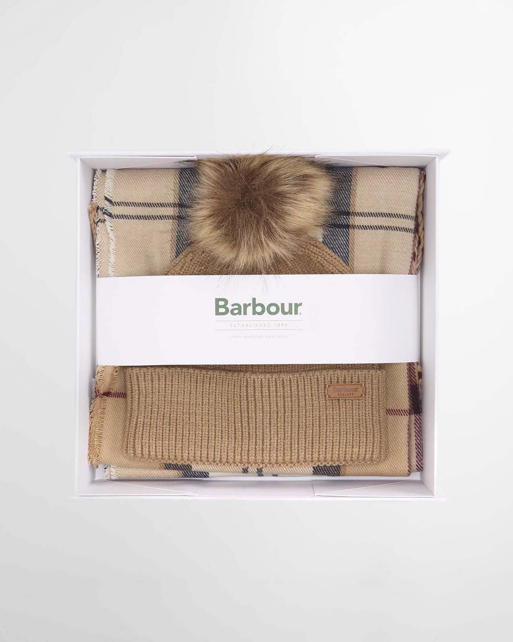Set regalo Dover Beanie & Hailes Scarf Barbour in tessuto tartan cammello e blu