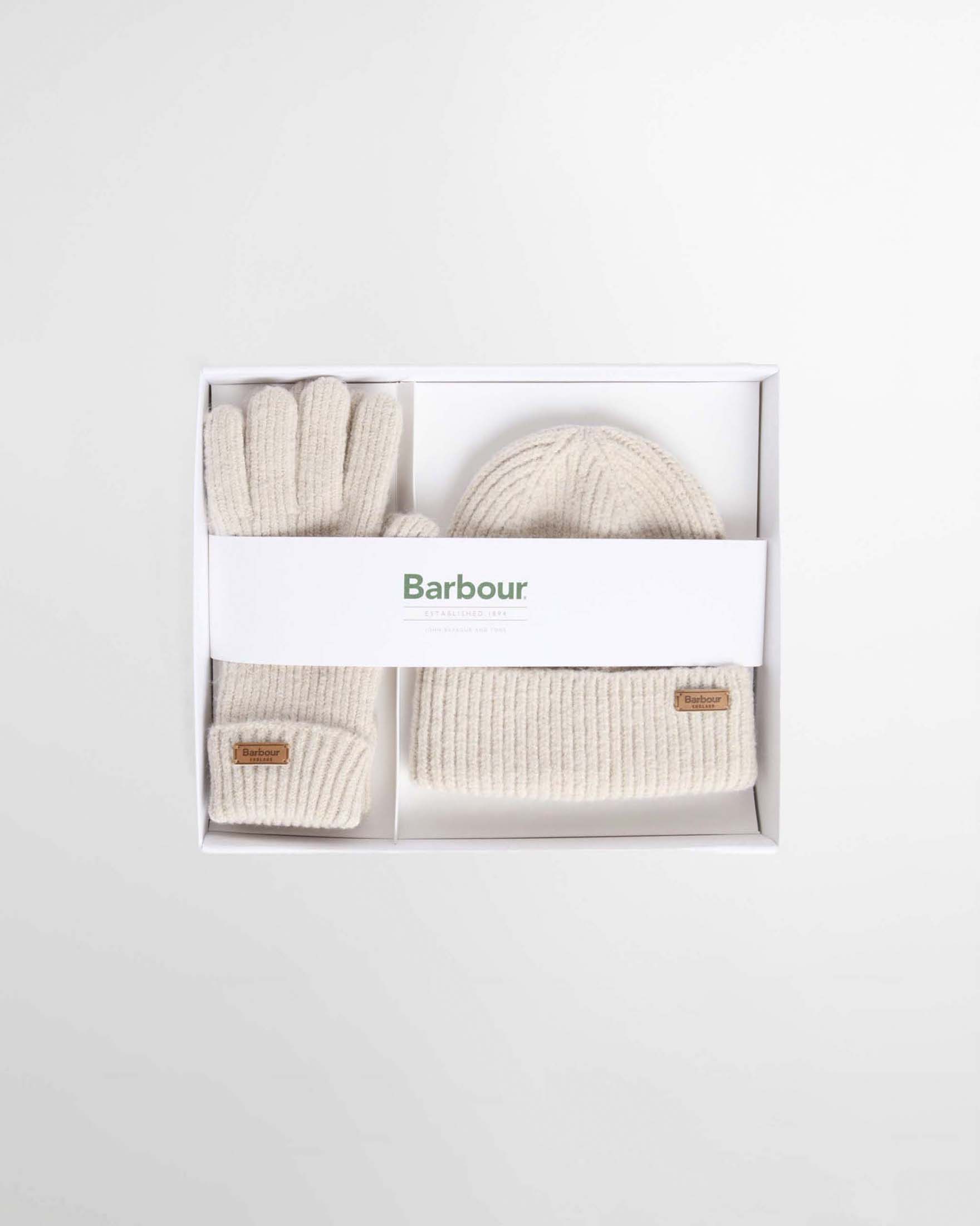 Set regalo con guanti e berretto Pendle Barbour beige con targhetta logo