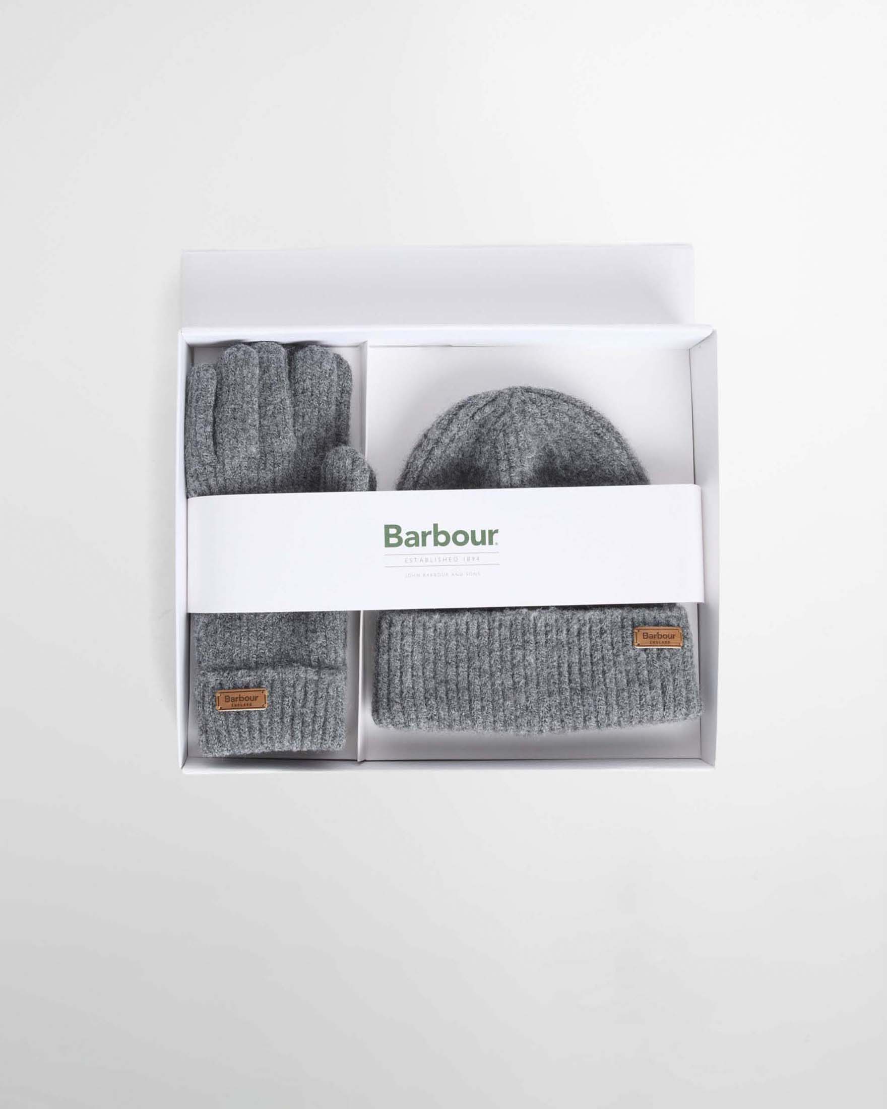 Set regalo con guanti e berretto Pendle Barbour grigi con targhetta logo
