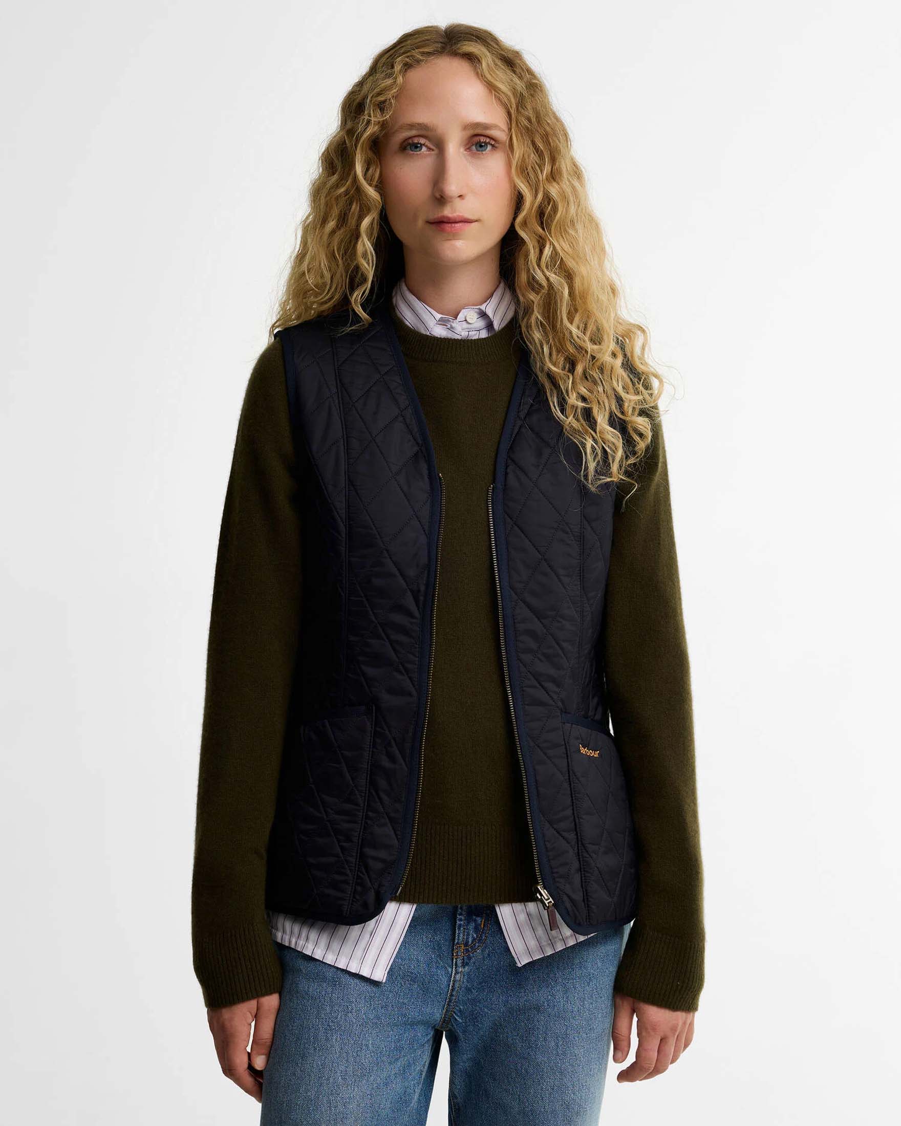 Gilet Betty Liner Barbour blu con fodera in pile e chiusura frontale zip