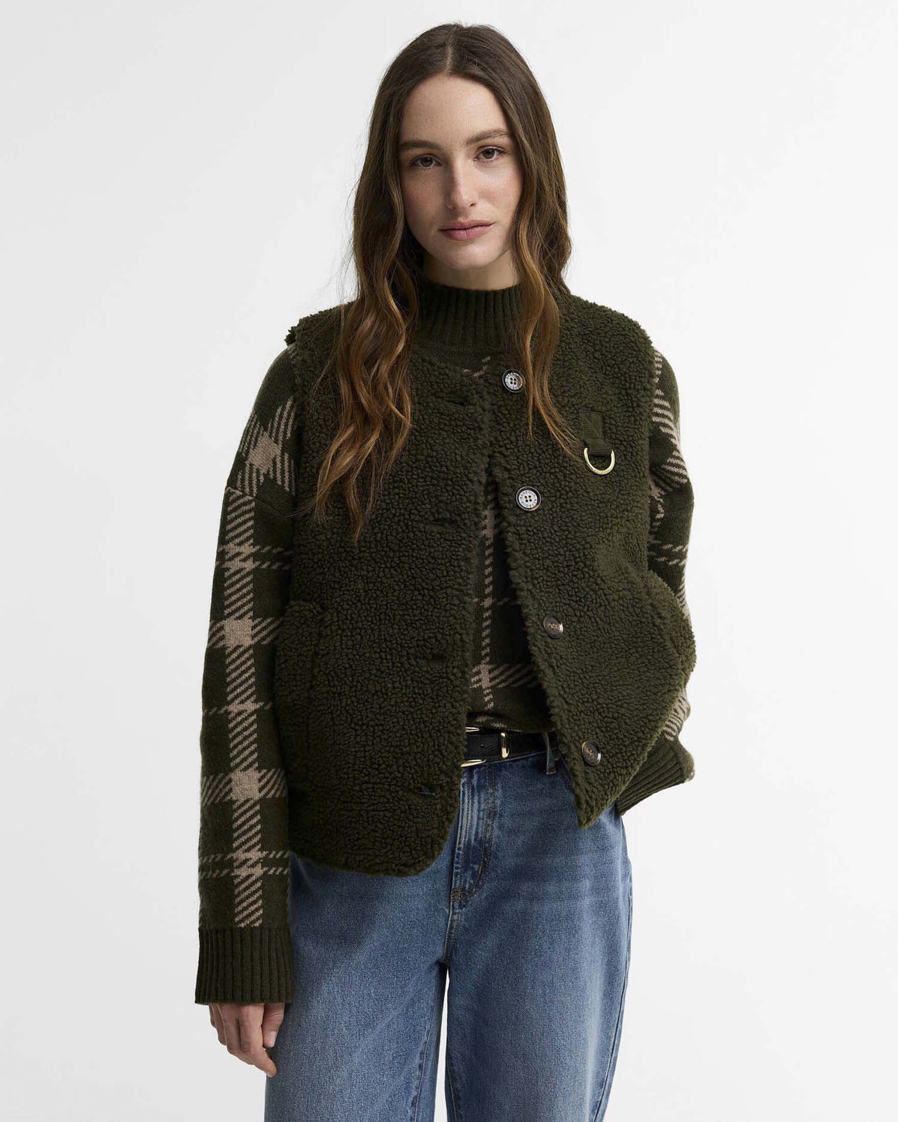 Gilet in pile Teddy Bowes Barbour verde militare con fodera trapuntata e tasche a filetto