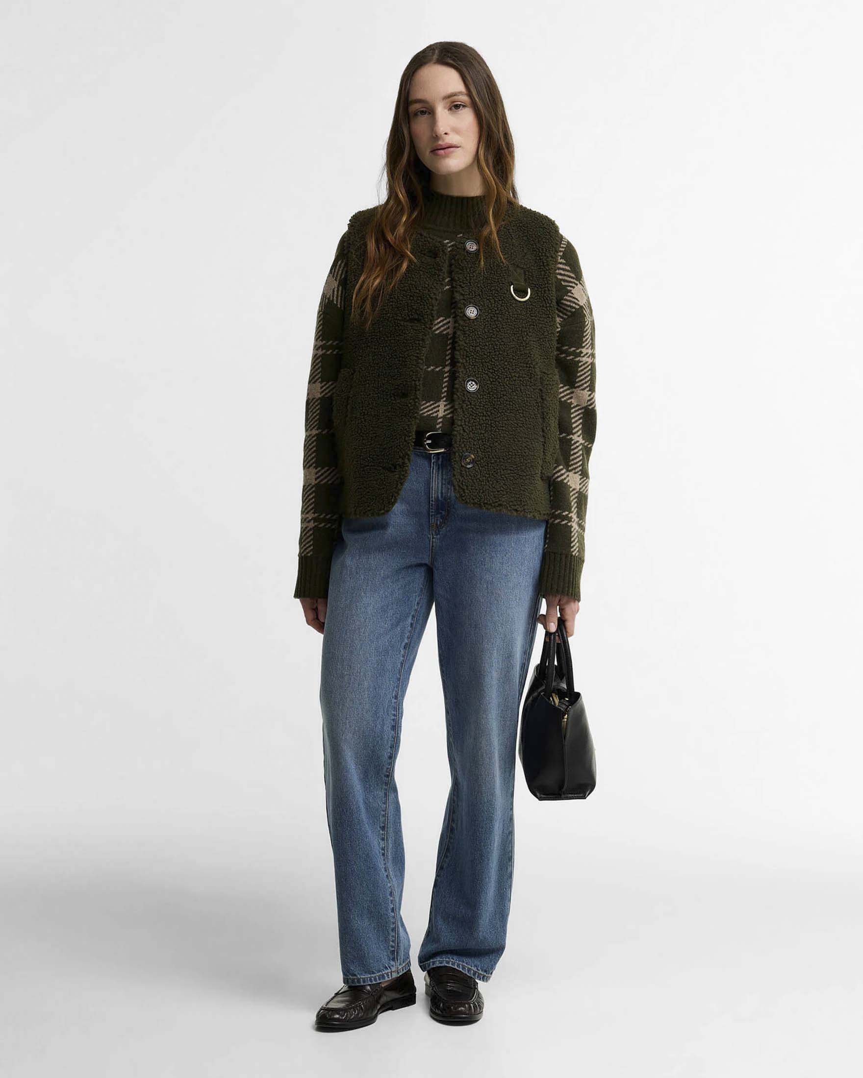 Gilet in pile Teddy Bowes Barbour verde militare con fodera trapuntata e tasche a filetto image