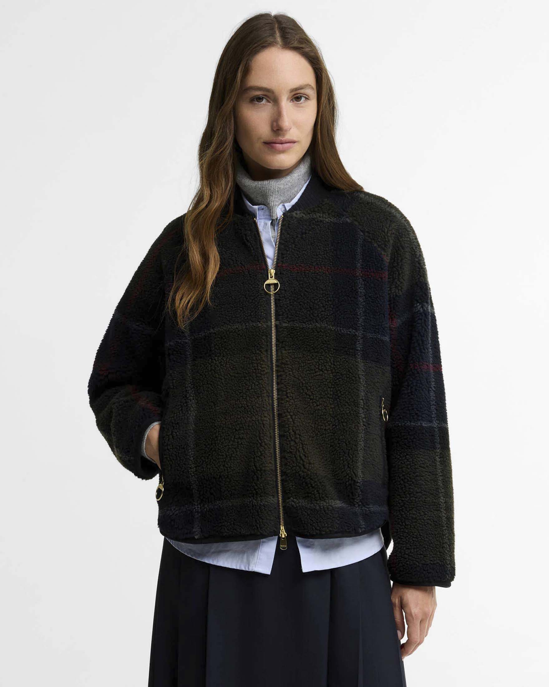 Giubbino Kirklees Barbour in pile jacquard tartan blu con chiusura zip frontale e collo a costine