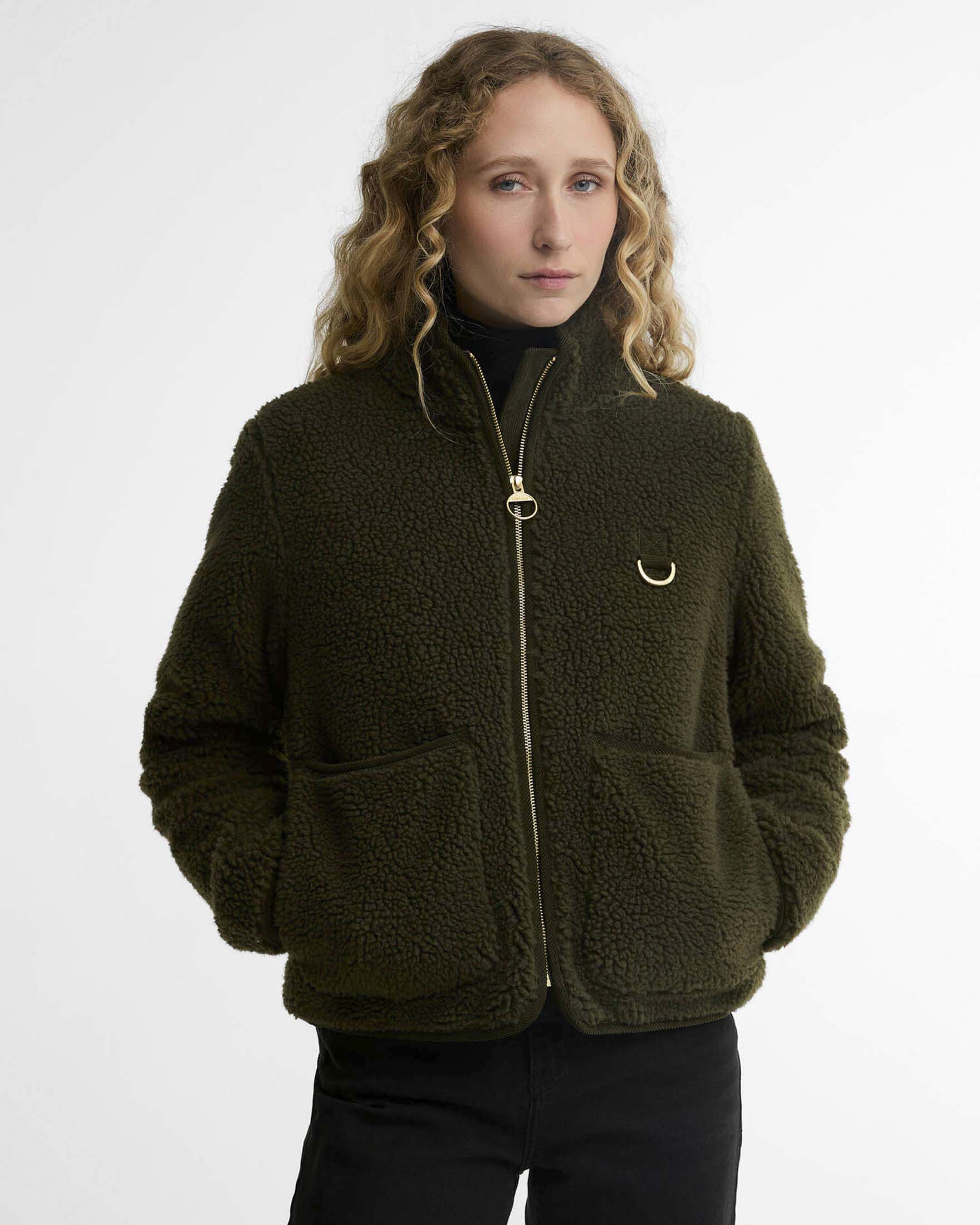 Giacca Eleonora Barbour verde militare in pile teddy con colletto a imbuto