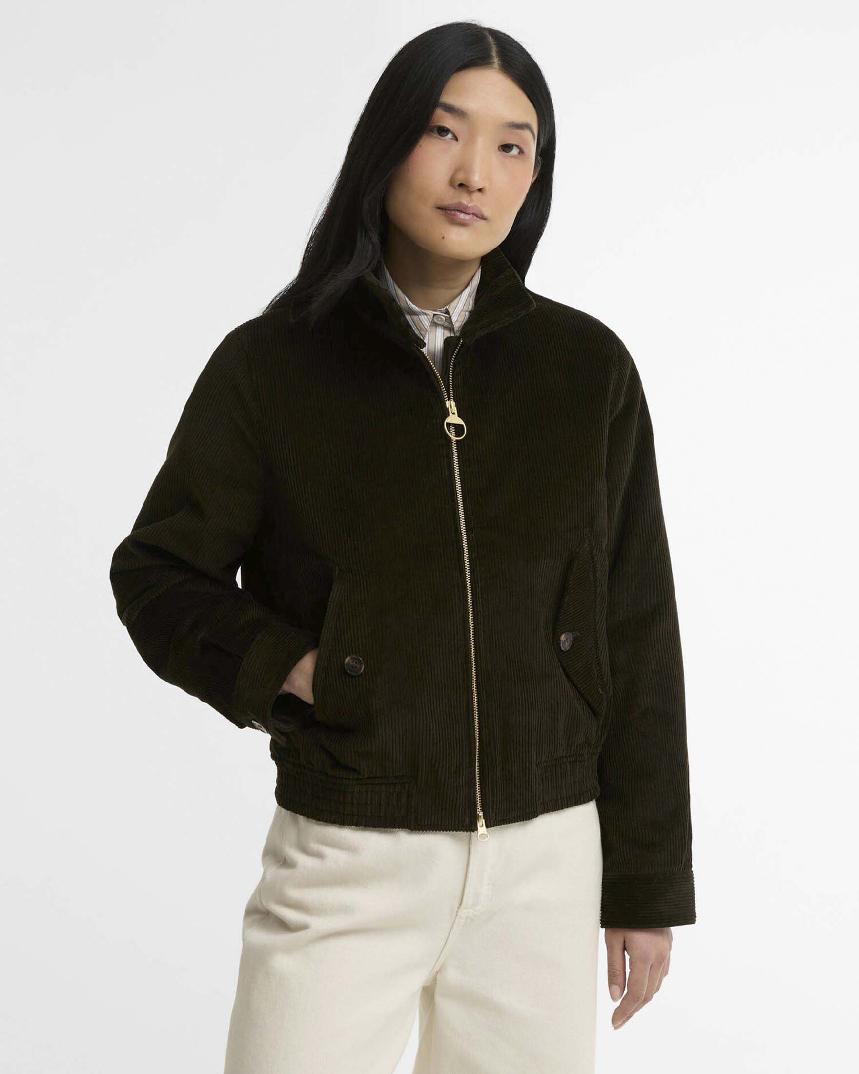 Giacca bomber Overton Barbour verde militare in velluto a coste
