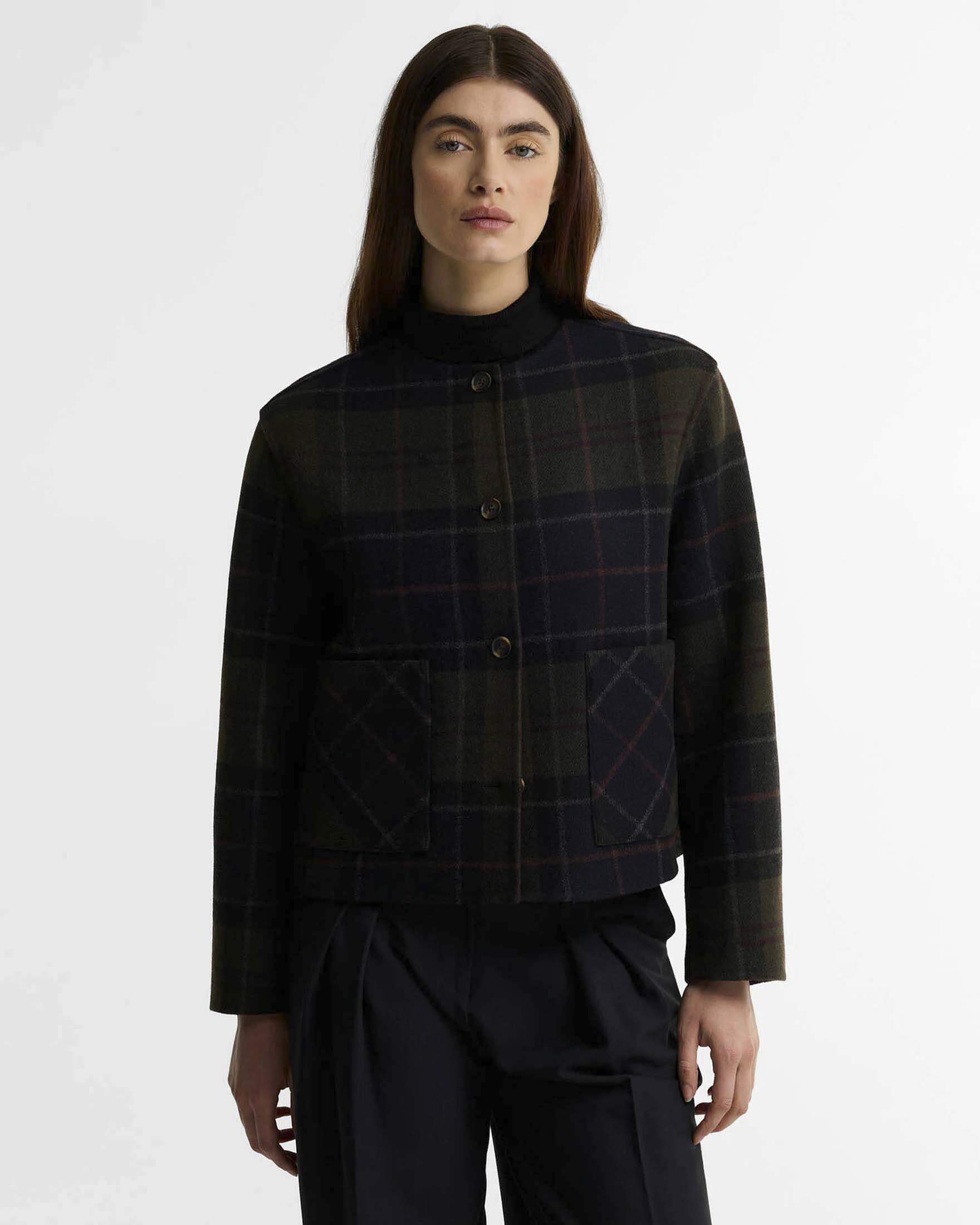 Giacca overshirt Marlow Barbour blu in lana con motivo tartan e abbottonatura frontale