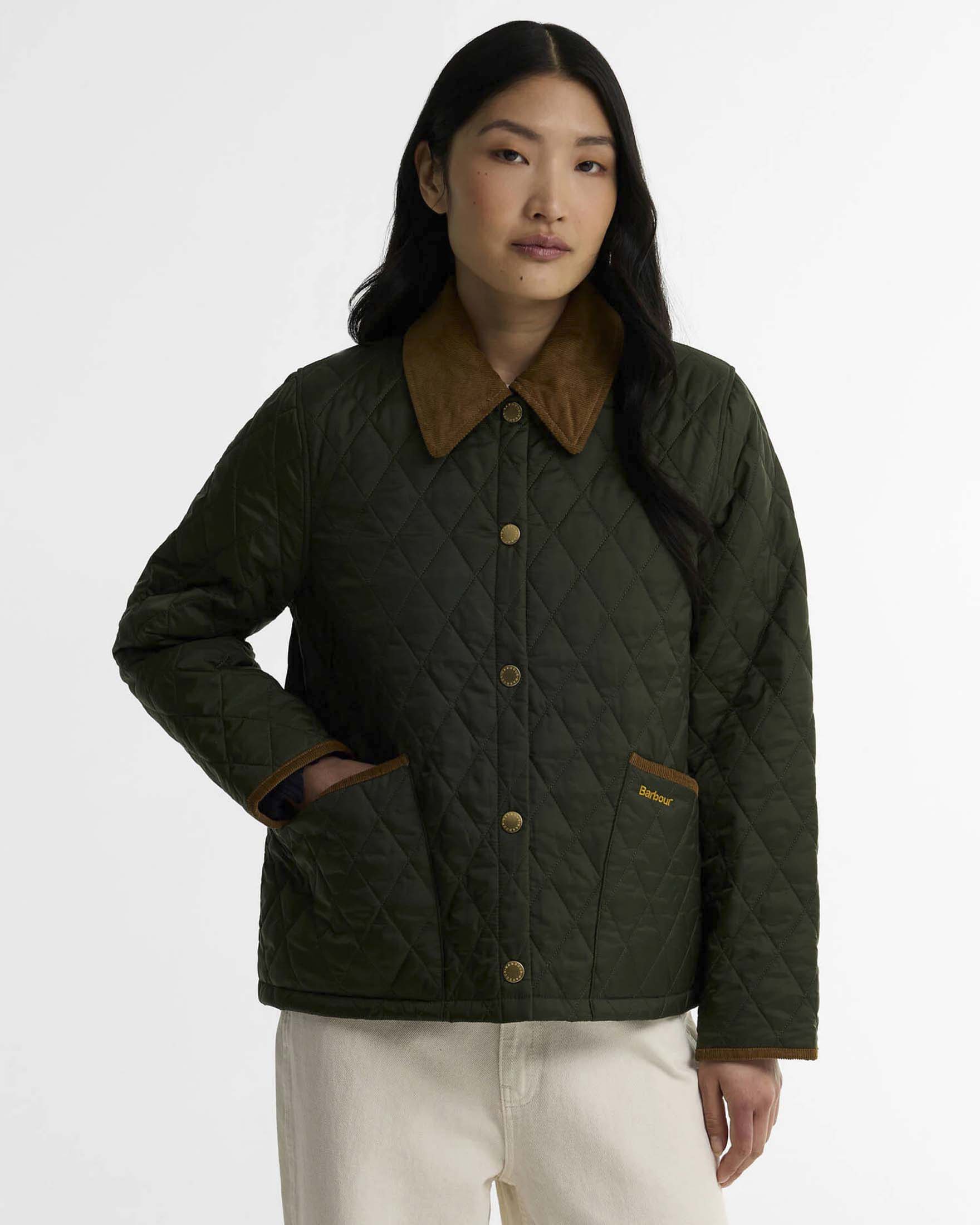 Giacca trapuntata Liddesdale Cropped Barbour militare con finiture e colletto in velluto a coste