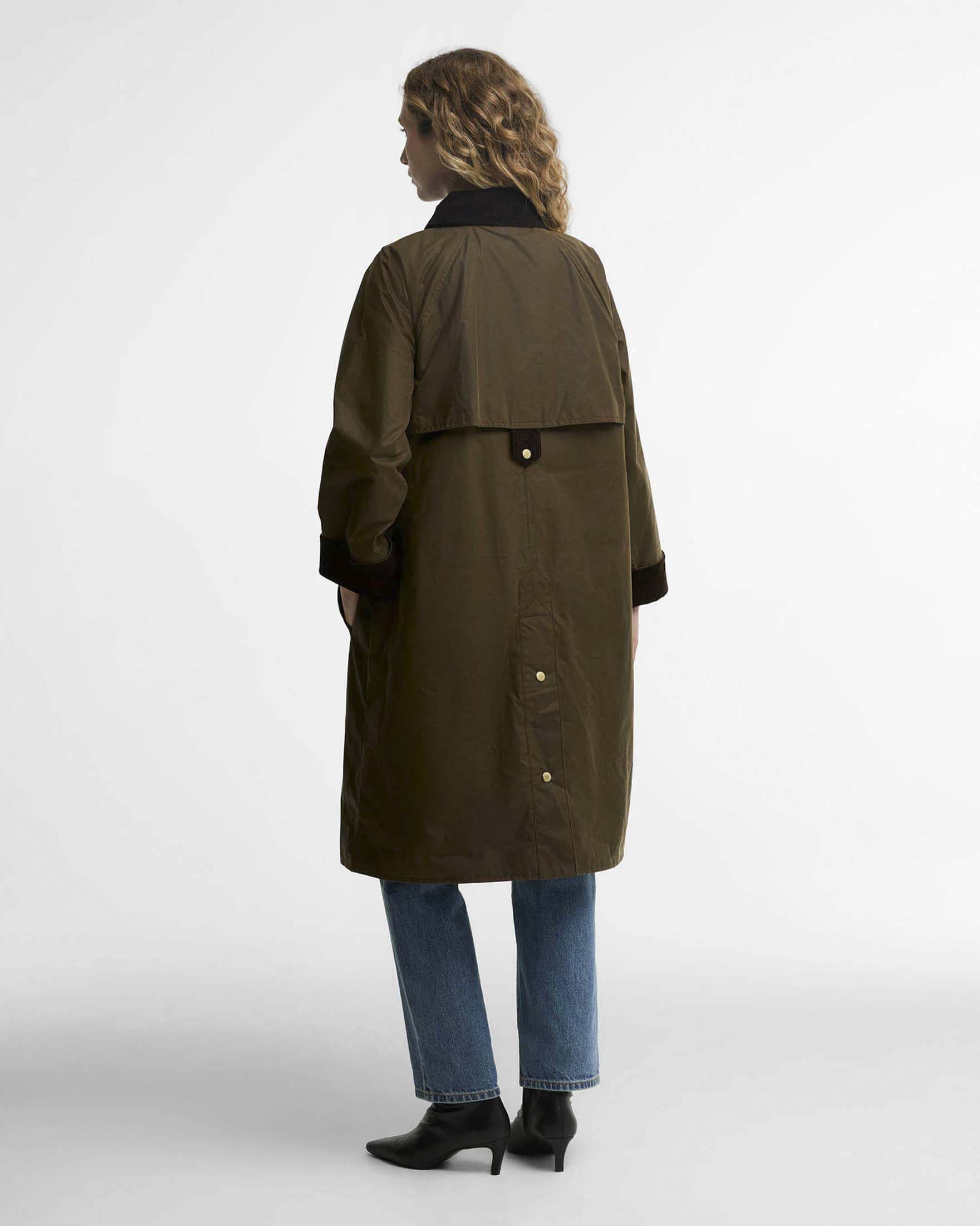 Giacca cerata lunga Kirklees Barbour color khaki in cotone cerato con cintura e tasche a soffietto image