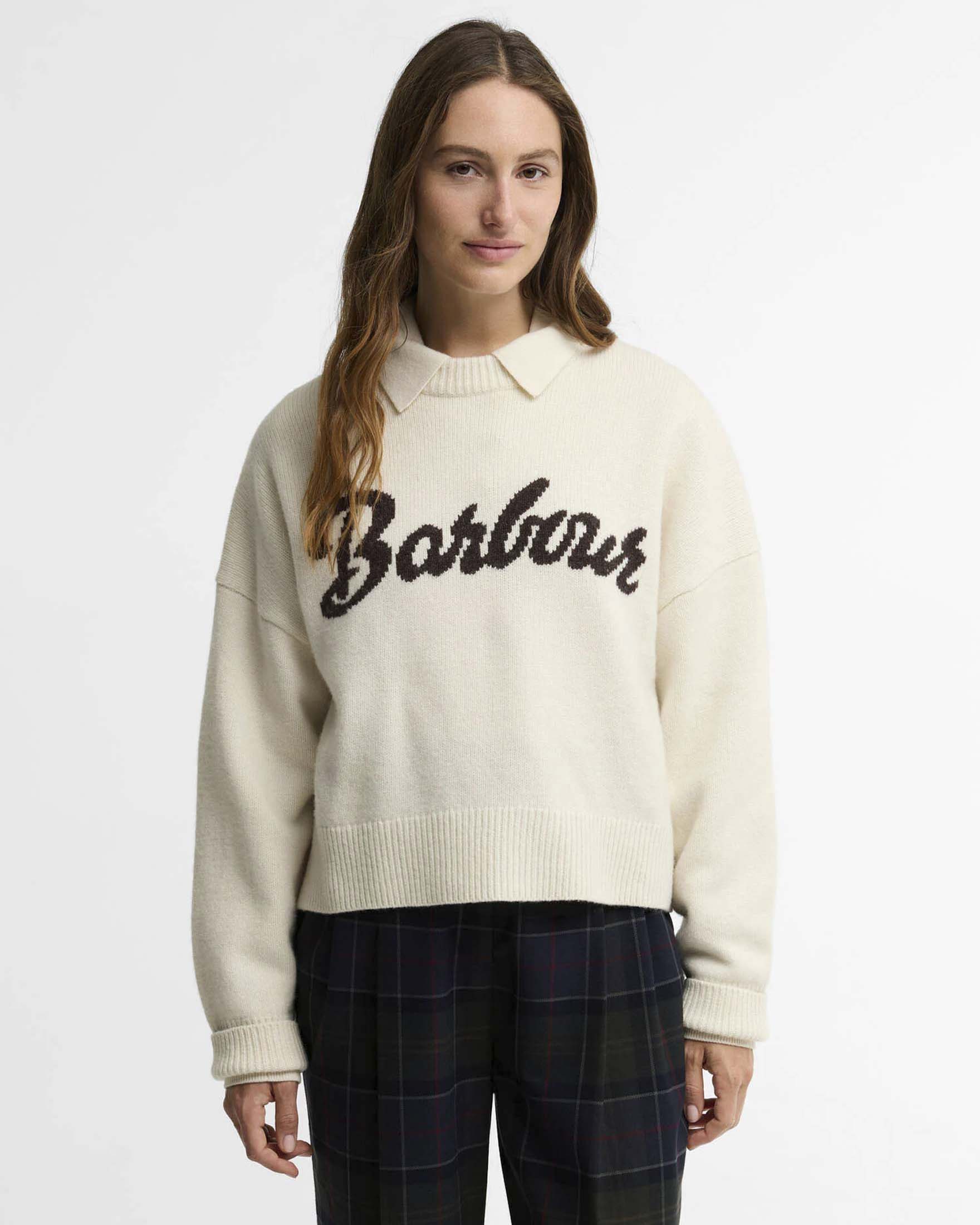 Maglione girocollo Ivybridge Barbour color avorio in pura lana con scritta logo a contrasto