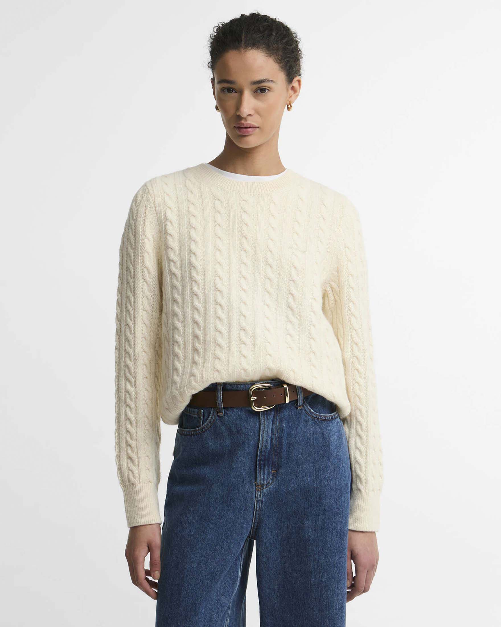Maglione girocollo Ashdown Barbour color avorio in lana e cotone con lavorazione a trecce
