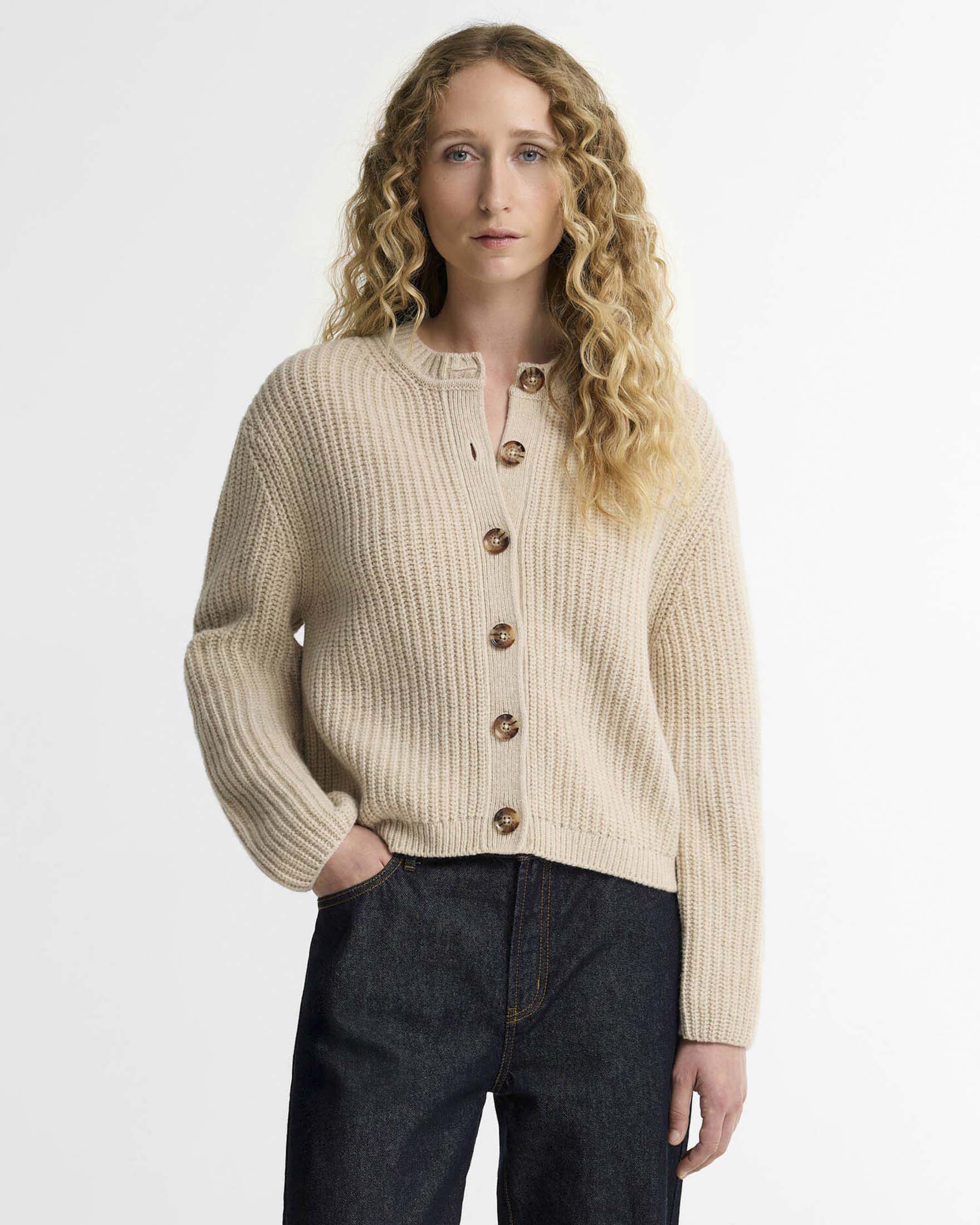 Cardigan Adalyn Barbour beige a coste con bottoni effetto corno