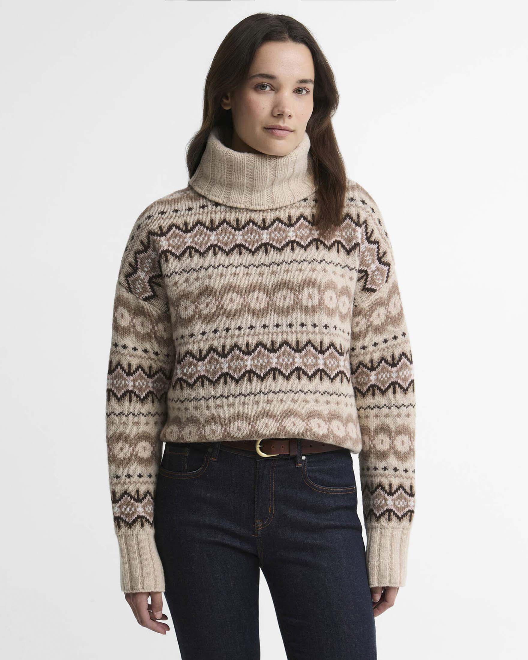 Maglione collo alto Helen Barbour beige in misto lana con motivo Fair Isle a contrasto