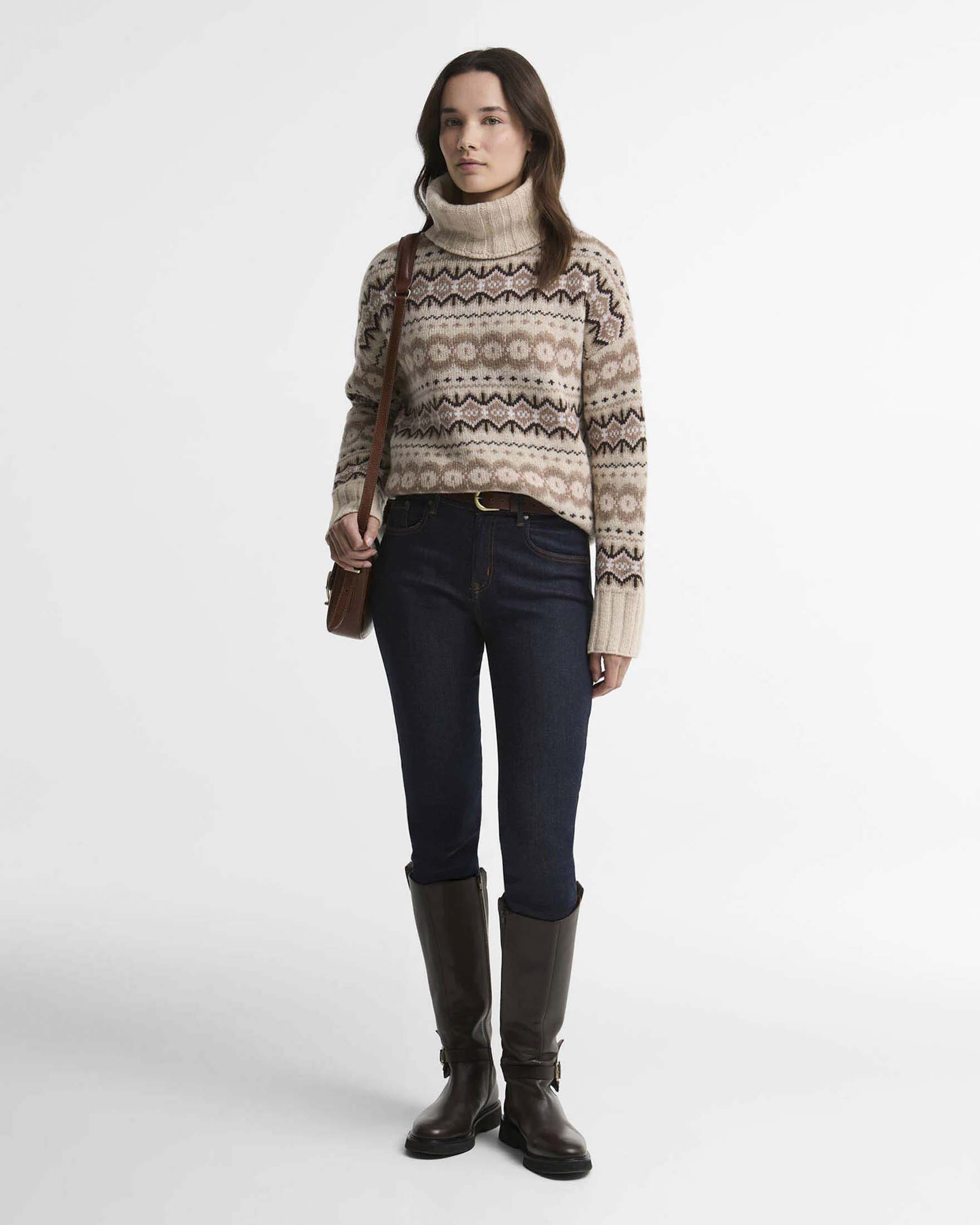 Maglione collo alto Helen Barbour beige in misto lana con motivo Fair Isle a contrasto image