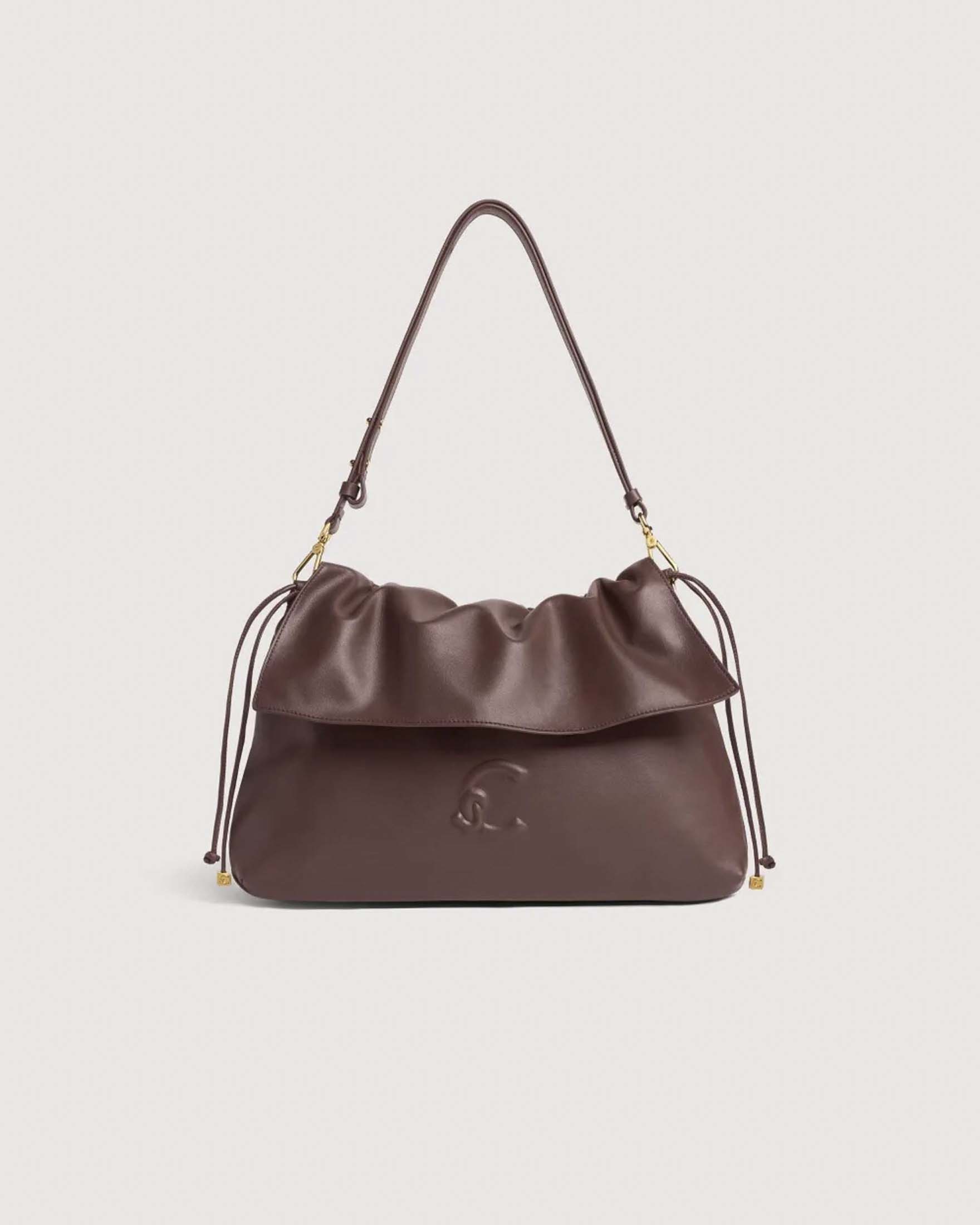 Borsa a spalla a sacchetto Lidia Medium Coccinelle bordeaux in pelle liscia con logo C-Me