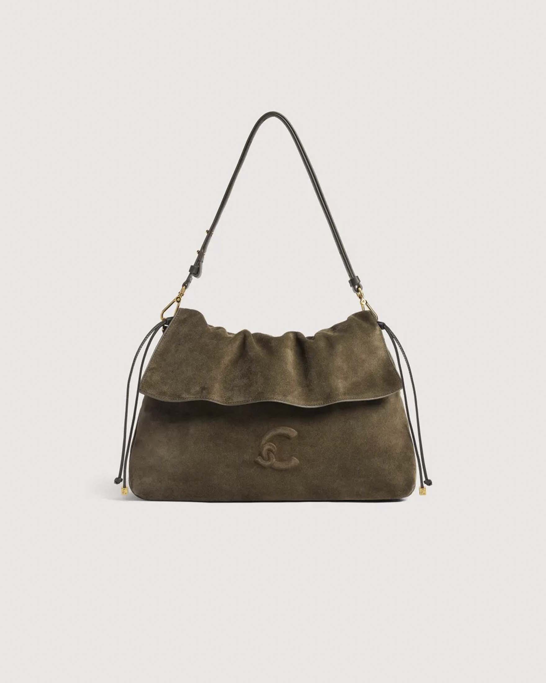Borsa a spalla a sacchetto Lidia Medium Coccinelle color fango in suede con logo C-Me