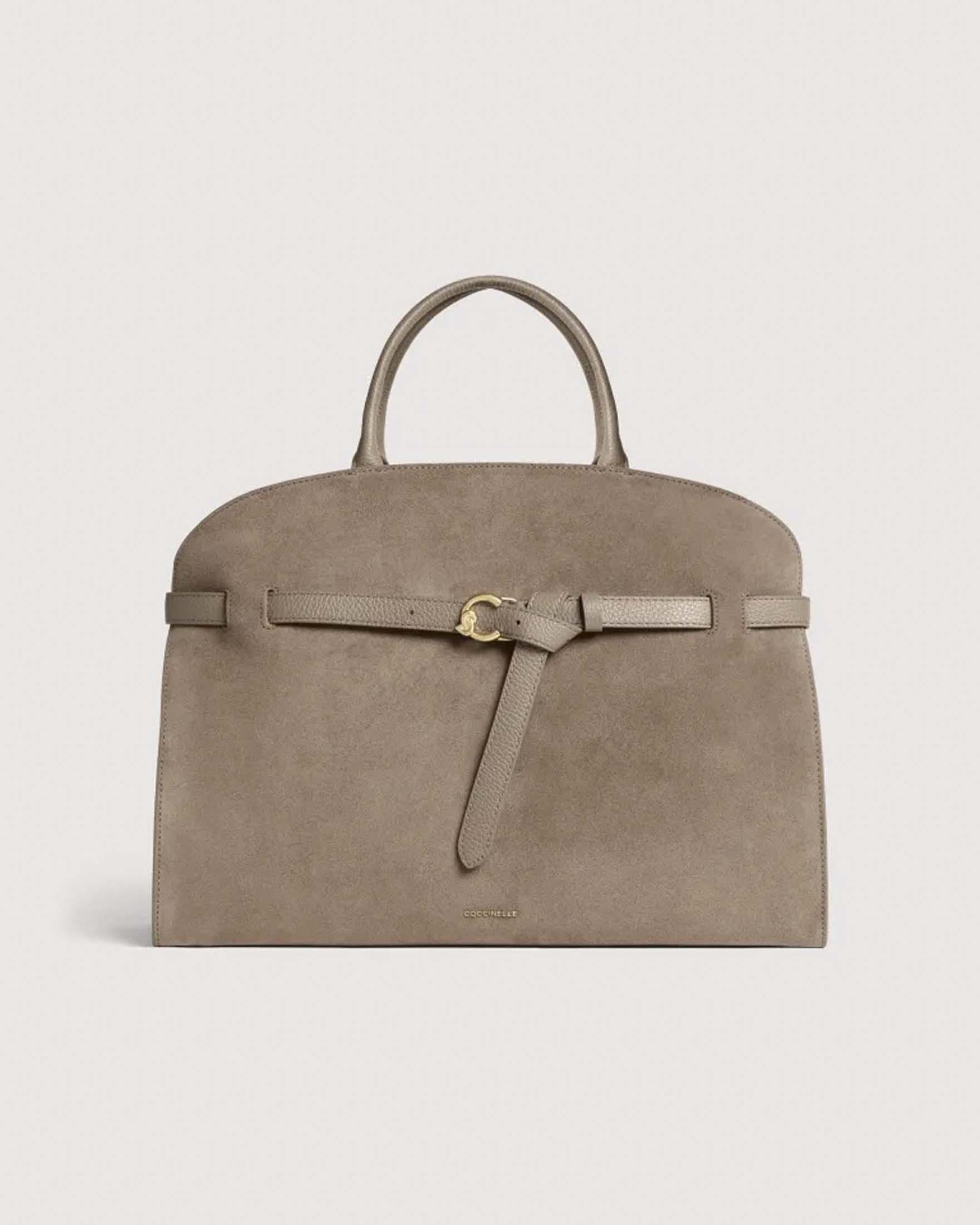 Borsa a mano Sabine Large Coccinelle taupe in suede con cinturino e logo C-Me dorato