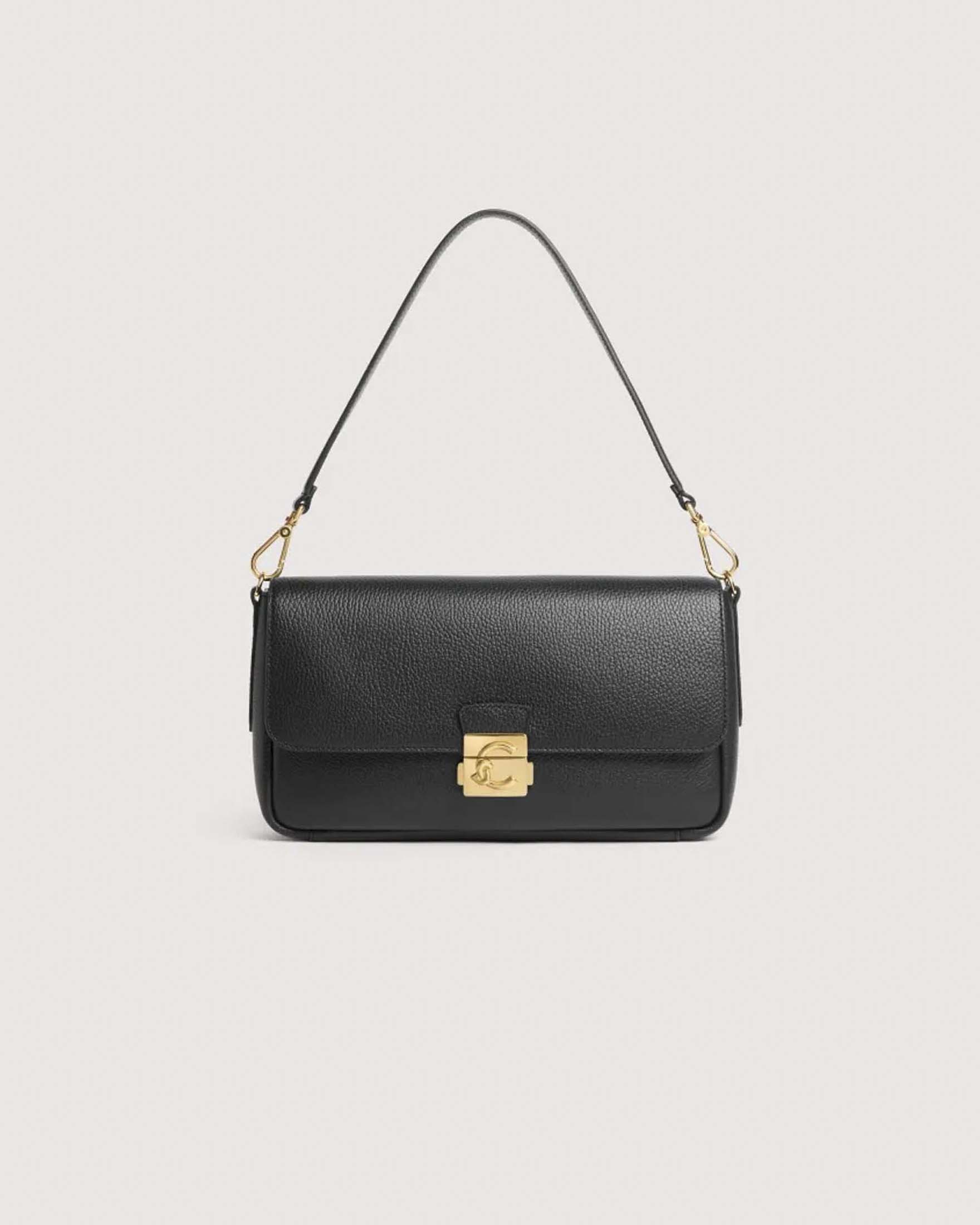 Borsa a tracolla baguette C-Me Lock Large Coccinelle nera in pelle bottalata con chiusura logo