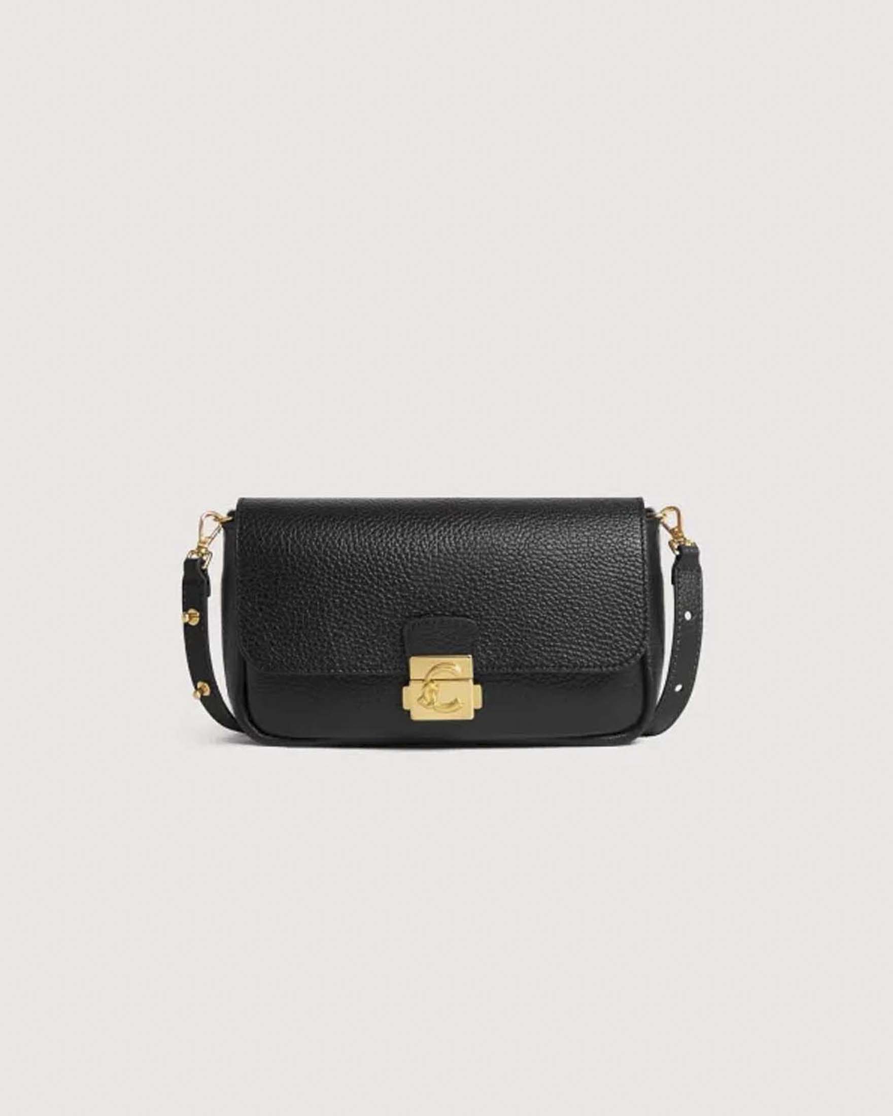 Borsa a tracolla baguette C-Me Lock Mini Coccinelle nera in pelle bottalata con chiusura logo